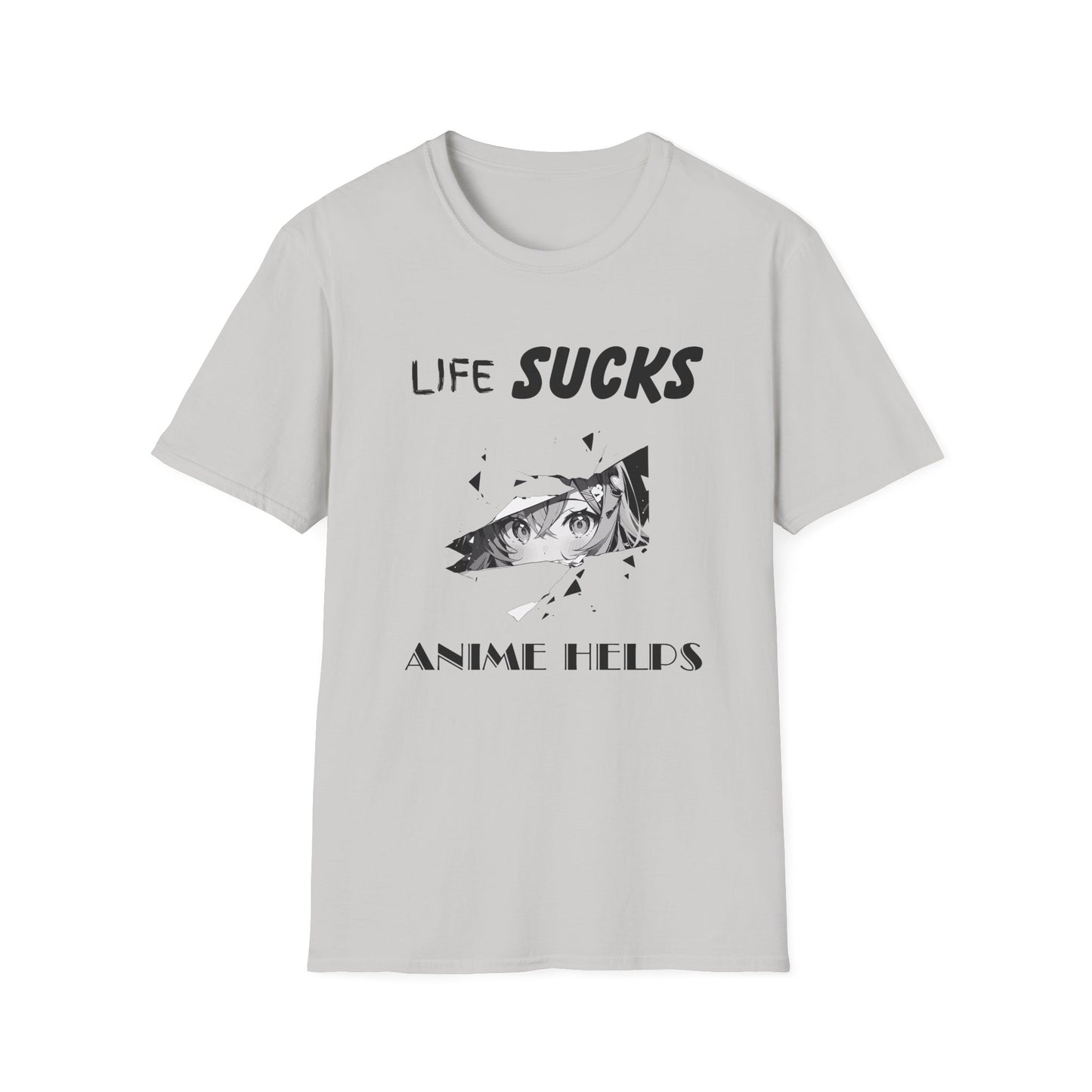 Life Sucks Anime Helps Unisex T-Shirt, Funny Life Difficulties Tee, Anime Lover Gift, Softstyle Shirt, Sarcastic Graphic Tee, Weeb Shirt