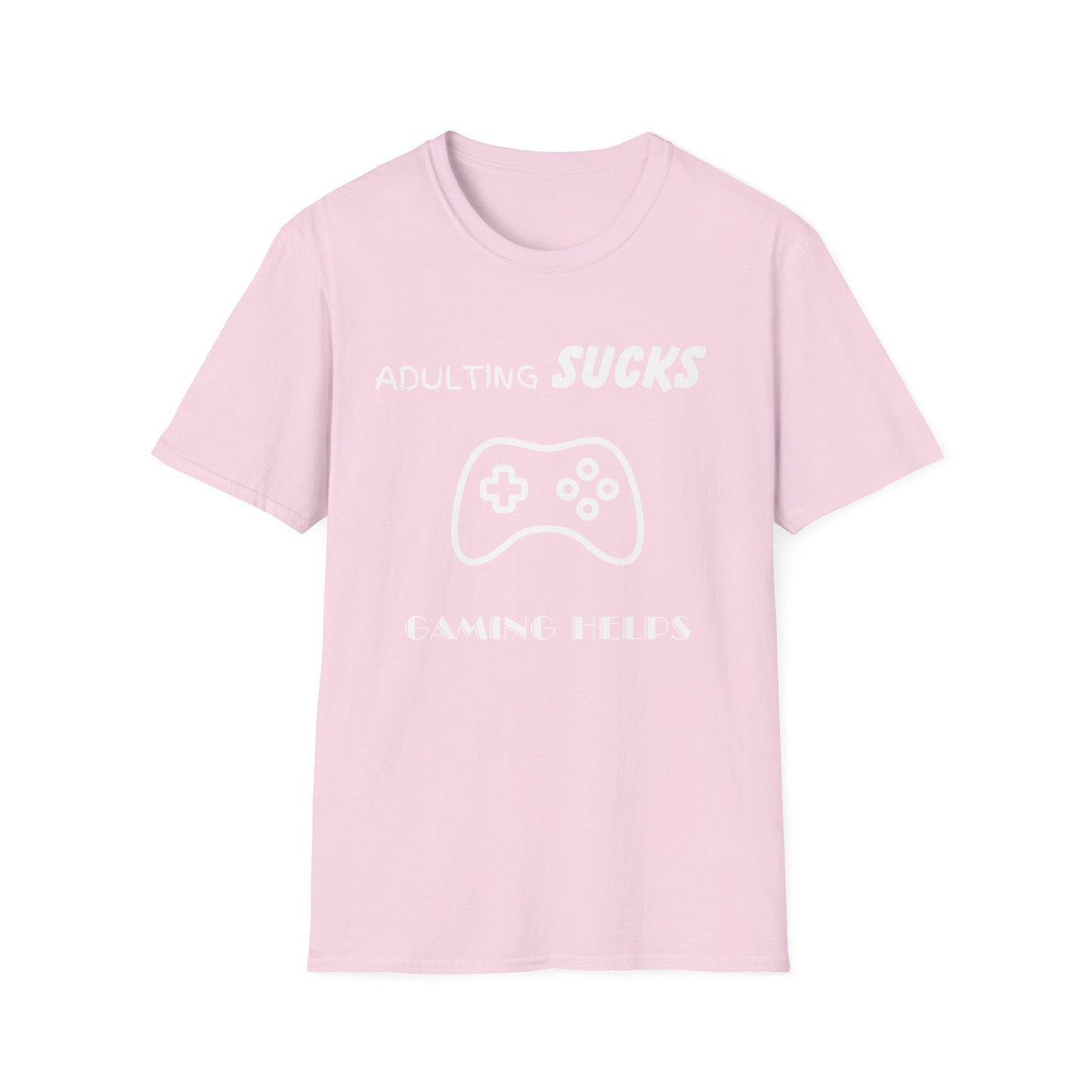 Adulting Sucks Gaming Helps Unisex Softstyle T-Shirt, Funny Tee, Video Game Lover Gift, Escape Reality Shirt, Gamer Apparel, Video Games