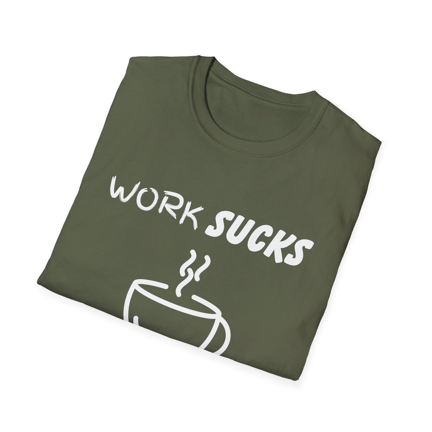 Work Sucks Coffee Helps Unisex Softstyle T-Shirt, Office Humor Tee, Funny Work Shirt, Sarcastic Coffee Lover Gift, Work from Home Outfit