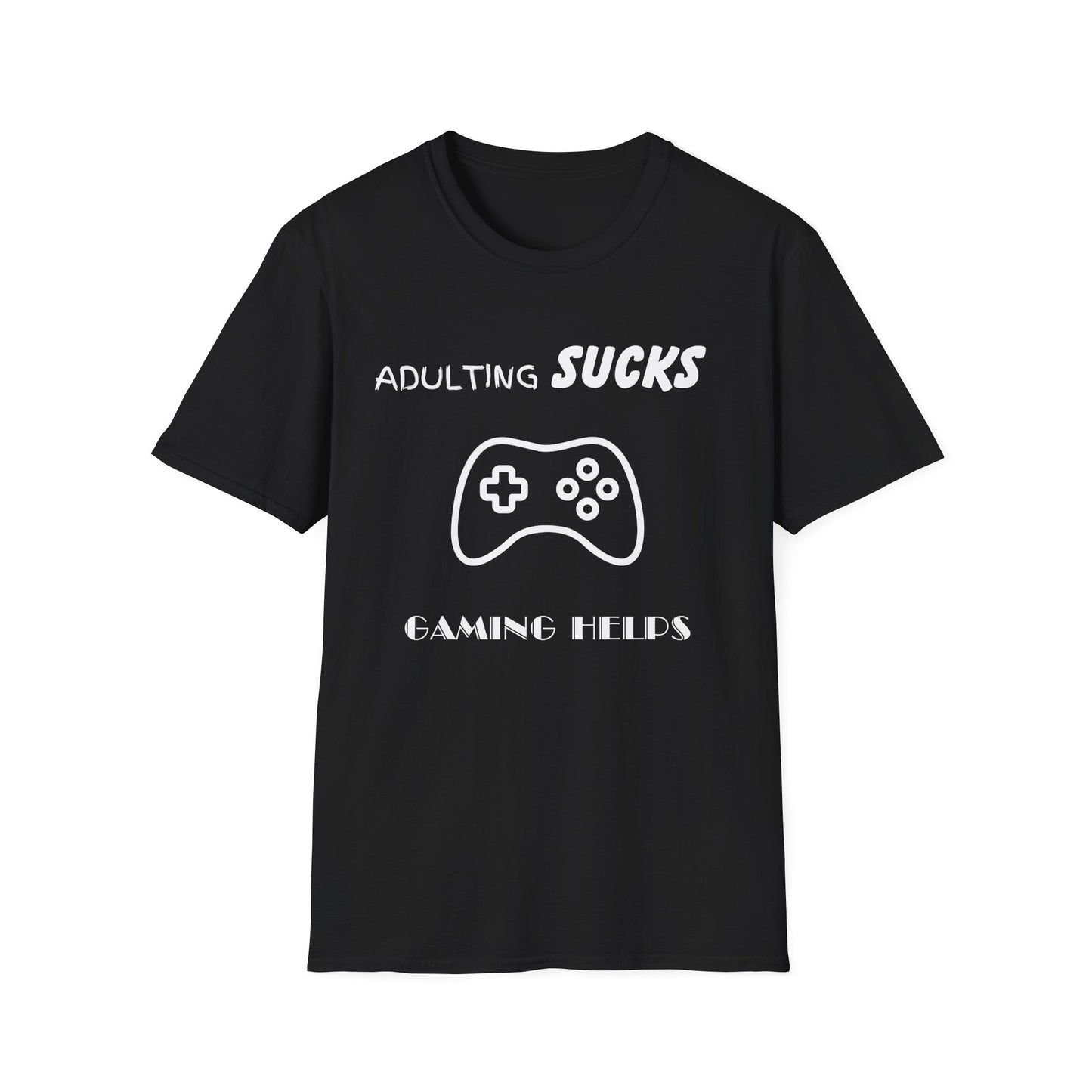 Adulting Sucks Gaming Helps Unisex Softstyle T-Shirt, Funny Tee, Video Game Lover Gift, Escape Reality Shirt, Gamer Apparel, Video Games