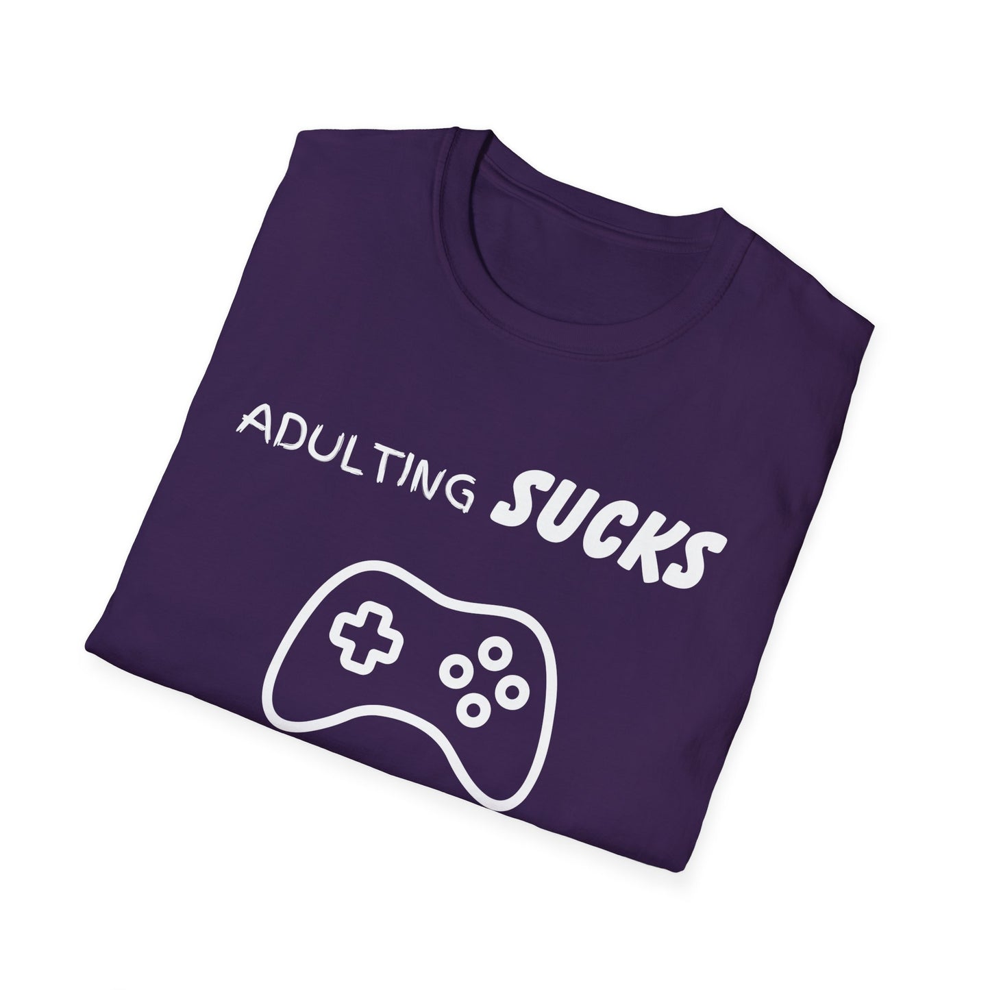 Adulting Sucks Gaming Helps Unisex Softstyle T-Shirt, Funny Tee, Video Game Lover Gift, Escape Reality Shirt, Gamer Apparel, Video Games