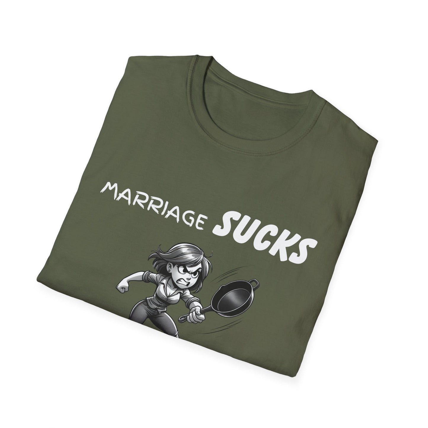 Marriage Sucks Frying Pans Help T-Shirt, Husband Wife Relationship Tee, Wedding Gift, Sarcastic Graphic Tee, Gifts For Women, Gift For Wife