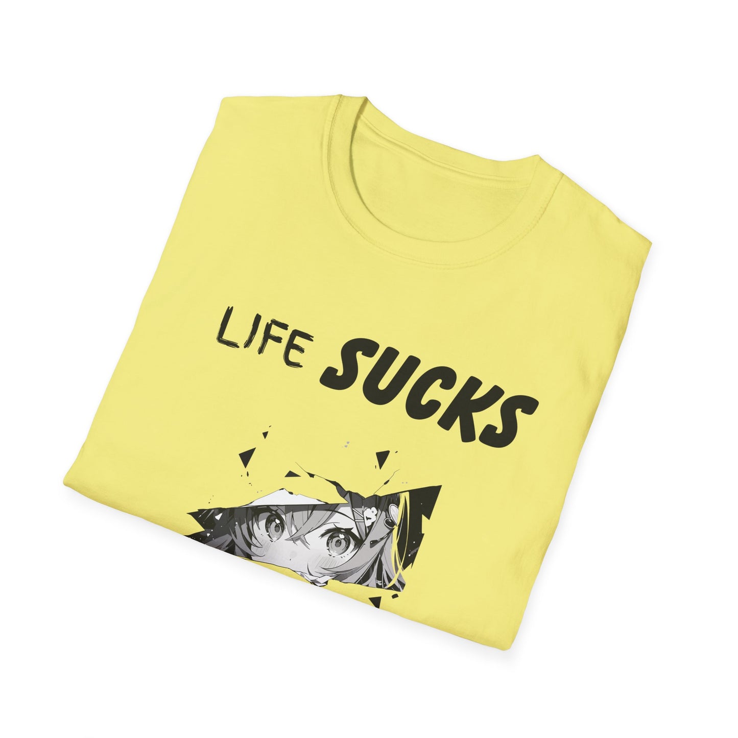 Life Sucks Anime Helps Unisex T-Shirt, Funny Life Difficulties Tee, Anime Lover Gift, Softstyle Shirt, Sarcastic Graphic Tee, Weeb Shirt