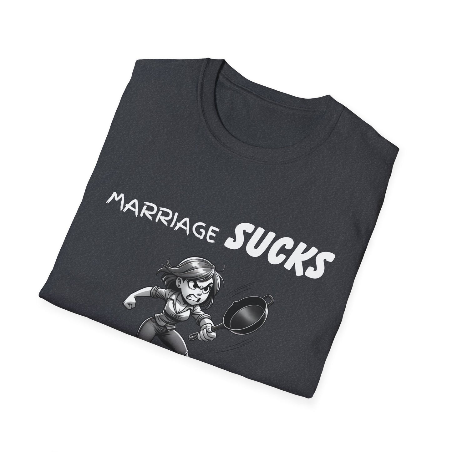 Marriage Sucks Frying Pans Help T-Shirt, Husband Wife Relationship Tee, Wedding Gift, Sarcastic Graphic Tee, Gifts For Women, Gift For Wife
