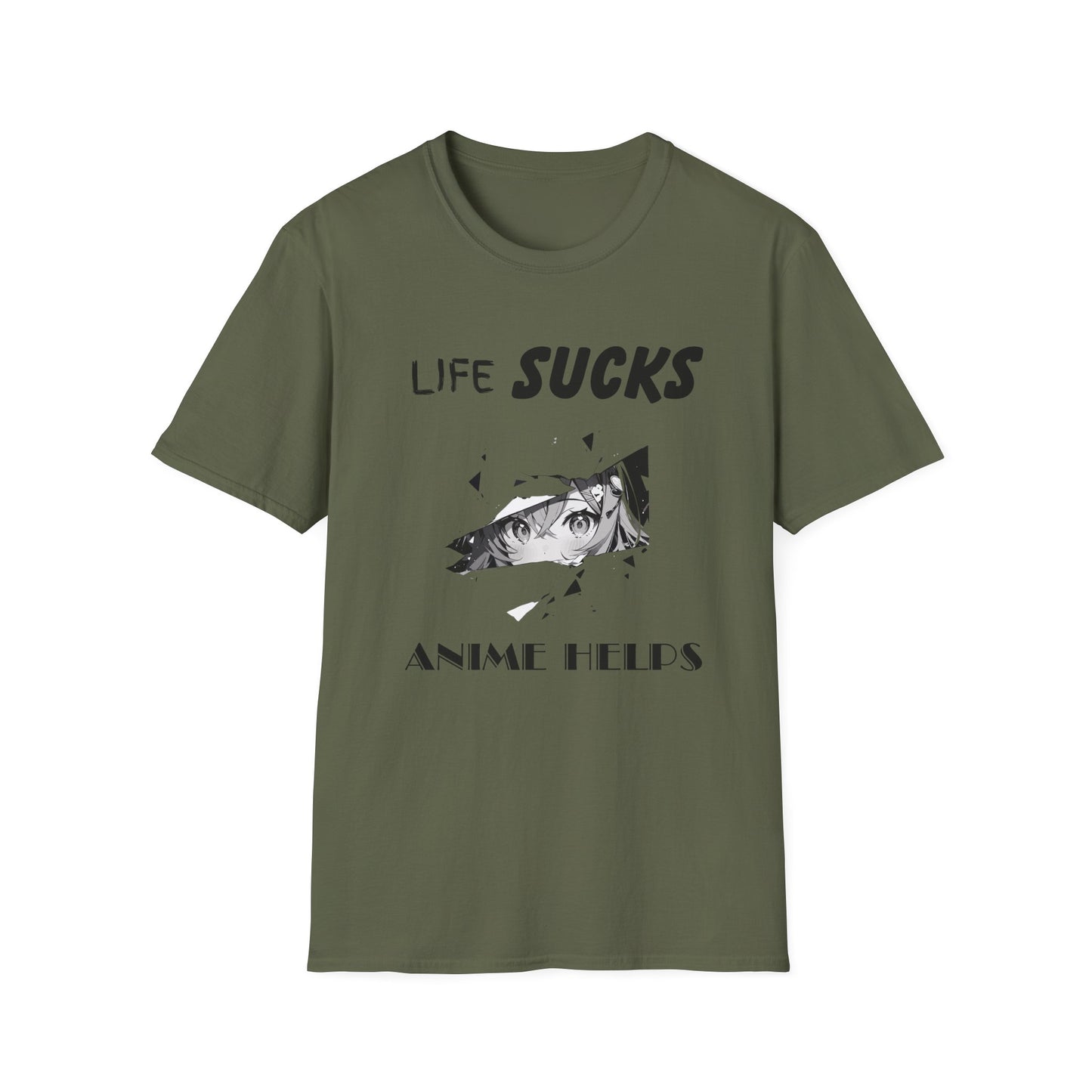 Life Sucks Anime Helps Unisex T-Shirt, Funny Life Difficulties Tee, Anime Lover Gift, Softstyle Shirt, Sarcastic Graphic Tee, Weeb Shirt