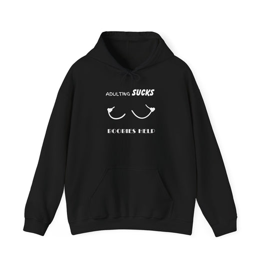 Adulting Sucks Boobies Help Hoodie, Funny Adulting Sweatshirt, Adulthood Humor Jumper, Boobies Make Things Better, Unisex Hooded Sweater