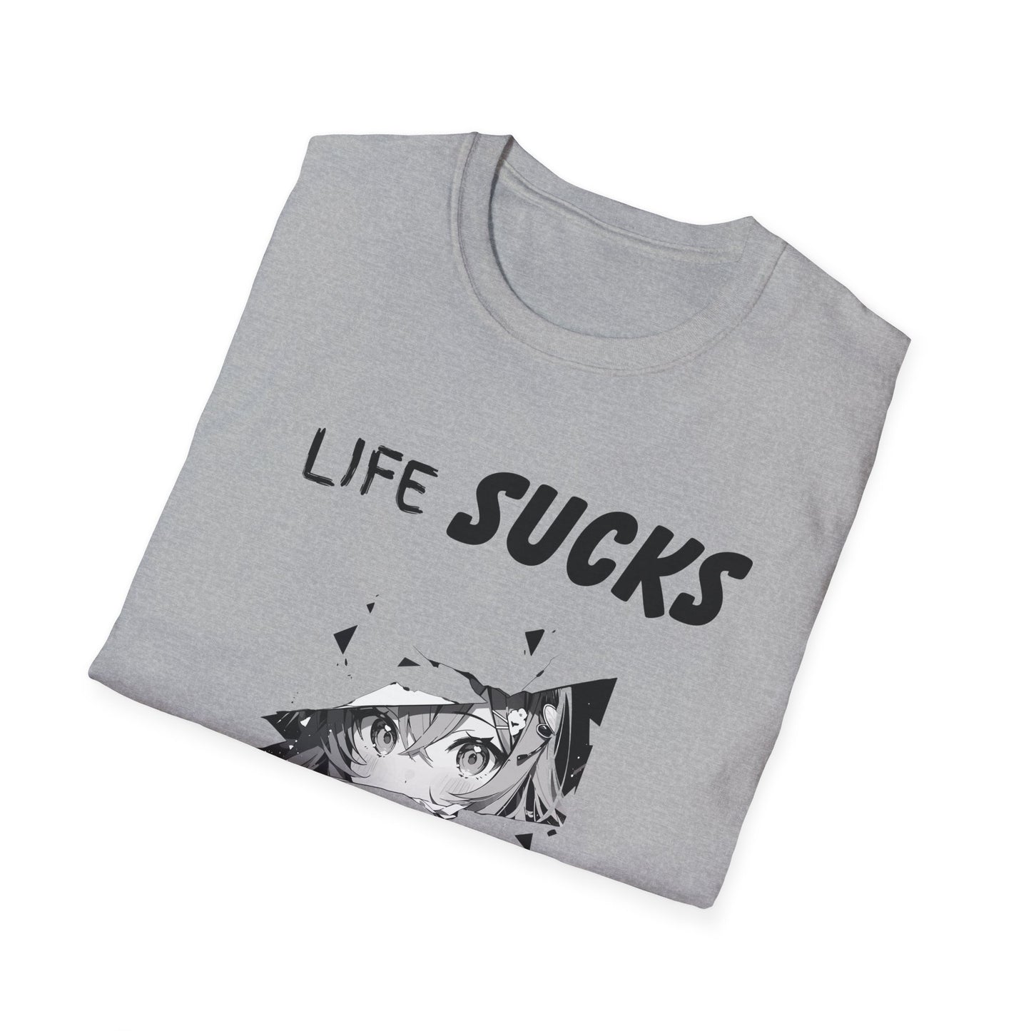 Life Sucks Anime Helps Unisex T-Shirt, Funny Life Difficulties Tee, Anime Lover Gift, Softstyle Shirt, Sarcastic Graphic Tee, Weeb Shirt