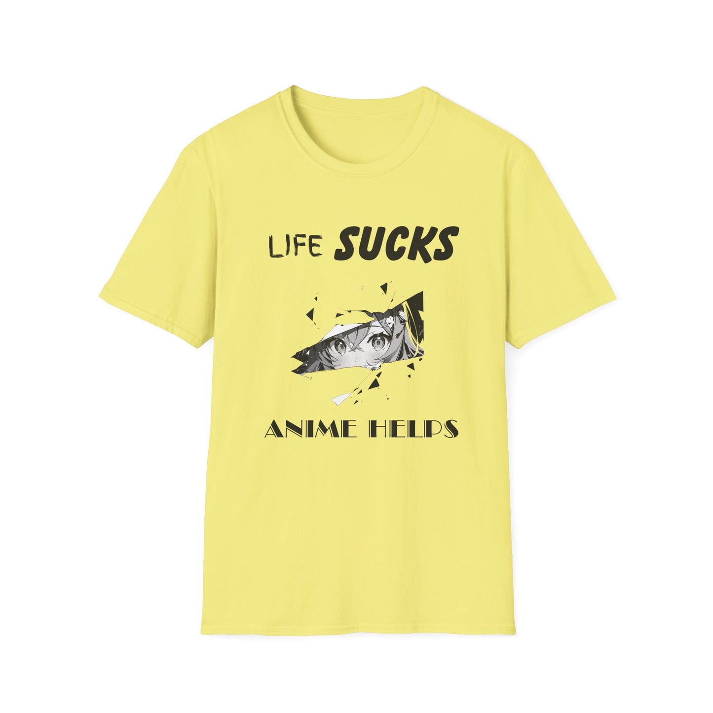 Life Sucks Anime Helps Unisex T-Shirt, Funny Life Difficulties Tee, Anime Lover Gift, Softstyle Shirt, Sarcastic Graphic Tee, Weeb Shirt