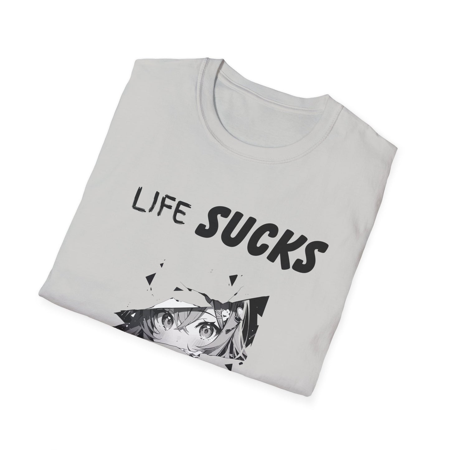 Life Sucks Anime Helps Unisex T-Shirt, Funny Life Difficulties Tee, Anime Lover Gift, Softstyle Shirt, Sarcastic Graphic Tee, Weeb Shirt