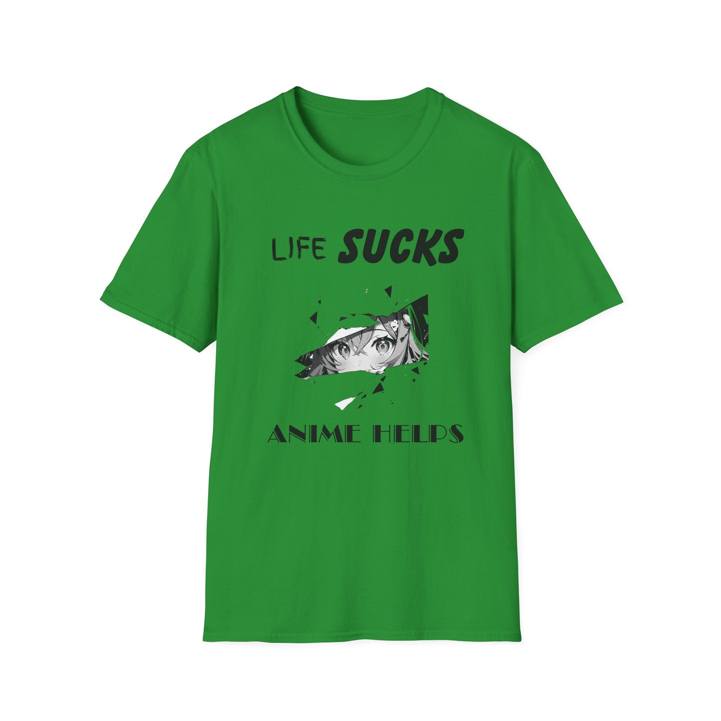Life Sucks Anime Helps Unisex T-Shirt, Funny Life Difficulties Tee, Anime Lover Gift, Softstyle Shirt, Sarcastic Graphic Tee, Weeb Shirt