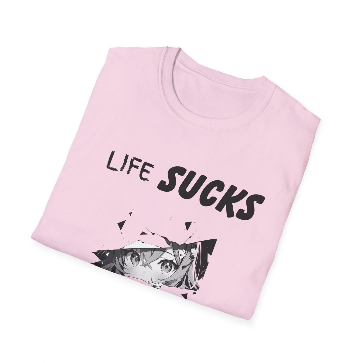 Life Sucks Anime Helps Unisex T-Shirt, Funny Life Difficulties Tee, Anime Lover Gift, Softstyle Shirt, Sarcastic Graphic Tee, Weeb Shirt