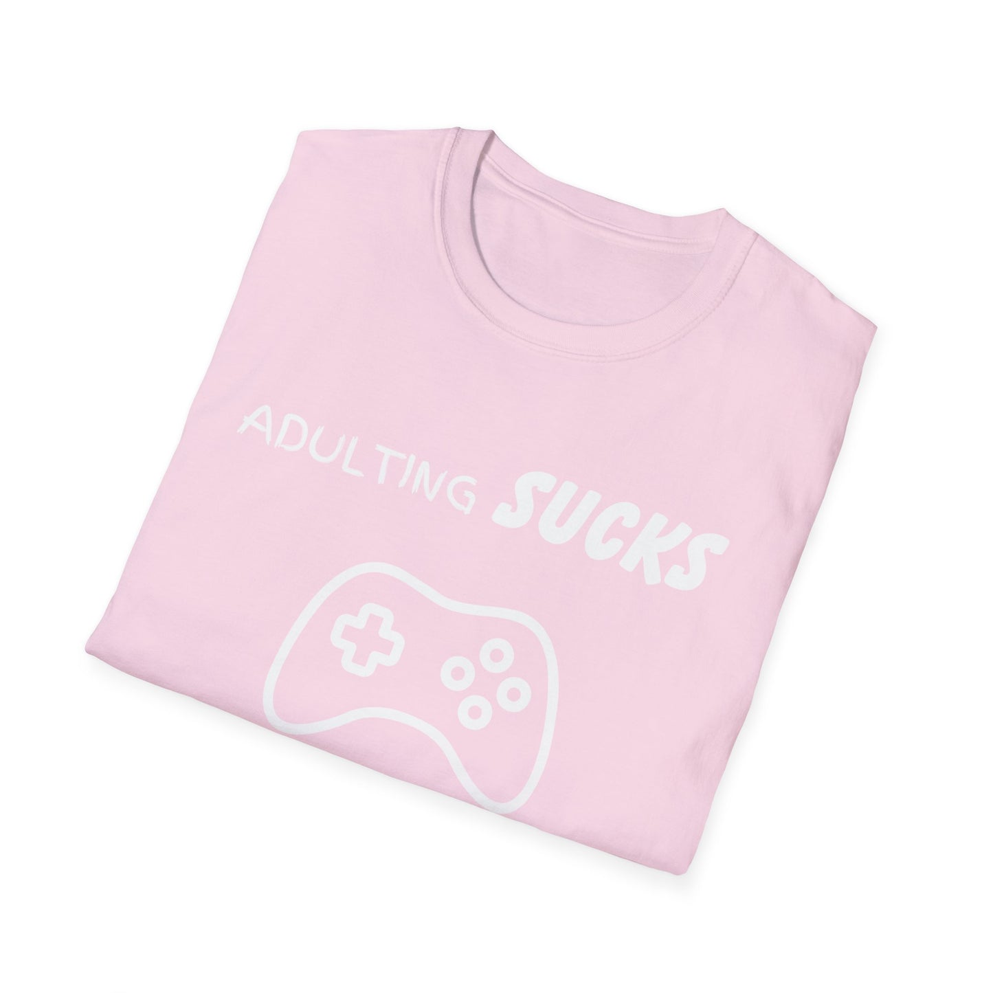 Adulting Sucks Gaming Helps Unisex Softstyle T-Shirt, Funny Tee, Video Game Lover Gift, Escape Reality Shirt, Gamer Apparel, Video Games