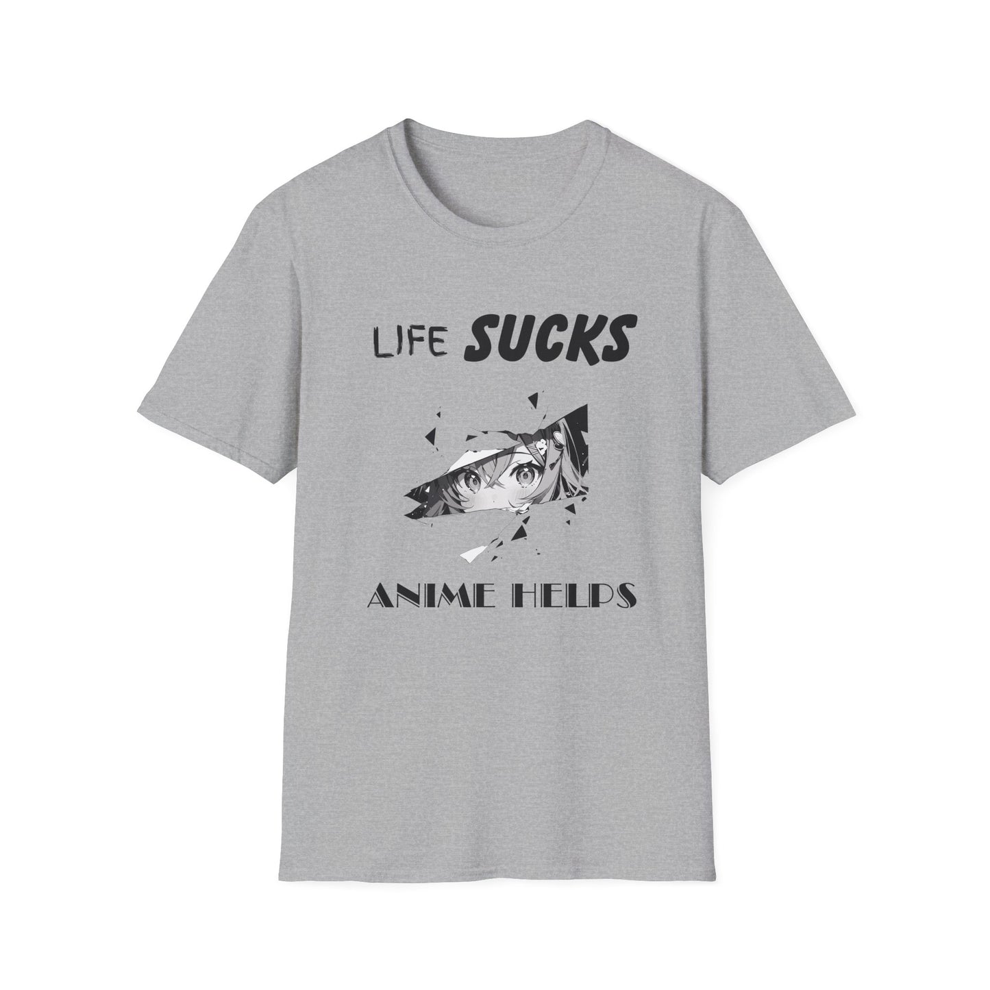 Life Sucks Anime Helps Unisex T-Shirt, Funny Life Difficulties Tee, Anime Lover Gift, Softstyle Shirt, Sarcastic Graphic Tee, Weeb Shirt