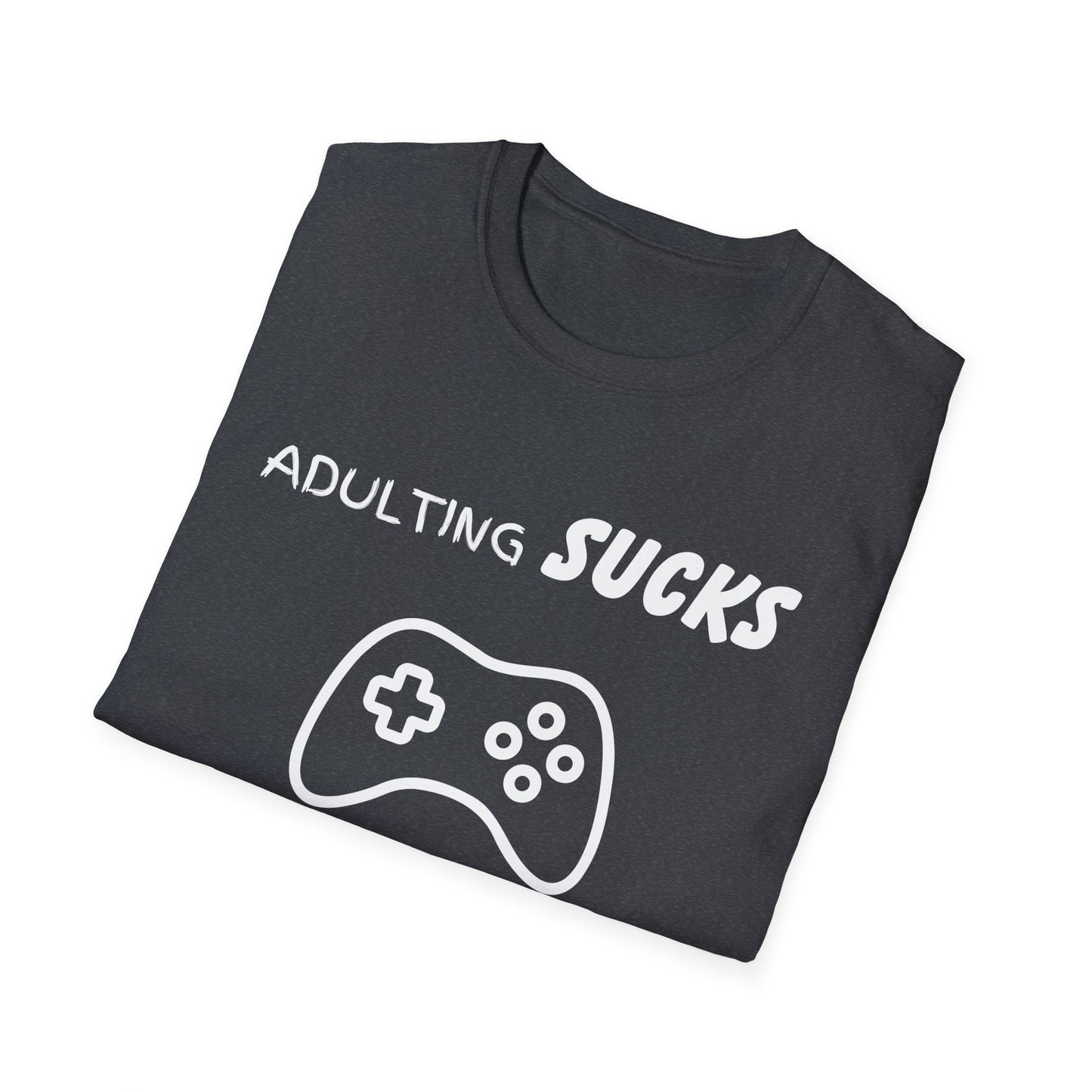 Adulting Sucks Gaming Helps Unisex Softstyle T-Shirt, Funny Tee, Video Game Lover Gift, Escape Reality Shirt, Gamer Apparel, Video Games