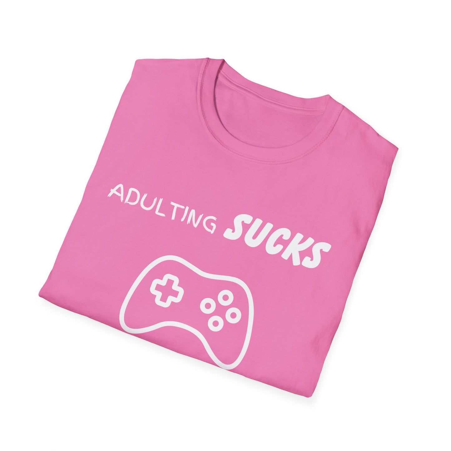 Adulting Sucks Gaming Helps Unisex Softstyle T-Shirt, Funny Tee, Video Game Lover Gift, Escape Reality Shirt, Gamer Apparel, Video Games
