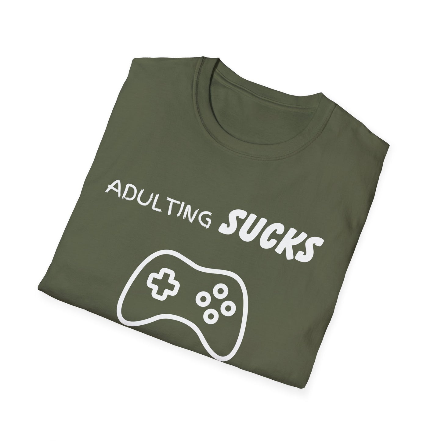 Adulting Sucks Gaming Helps Unisex Softstyle T-Shirt, Funny Tee, Video Game Lover Gift, Escape Reality Shirt, Gamer Apparel, Video Games
