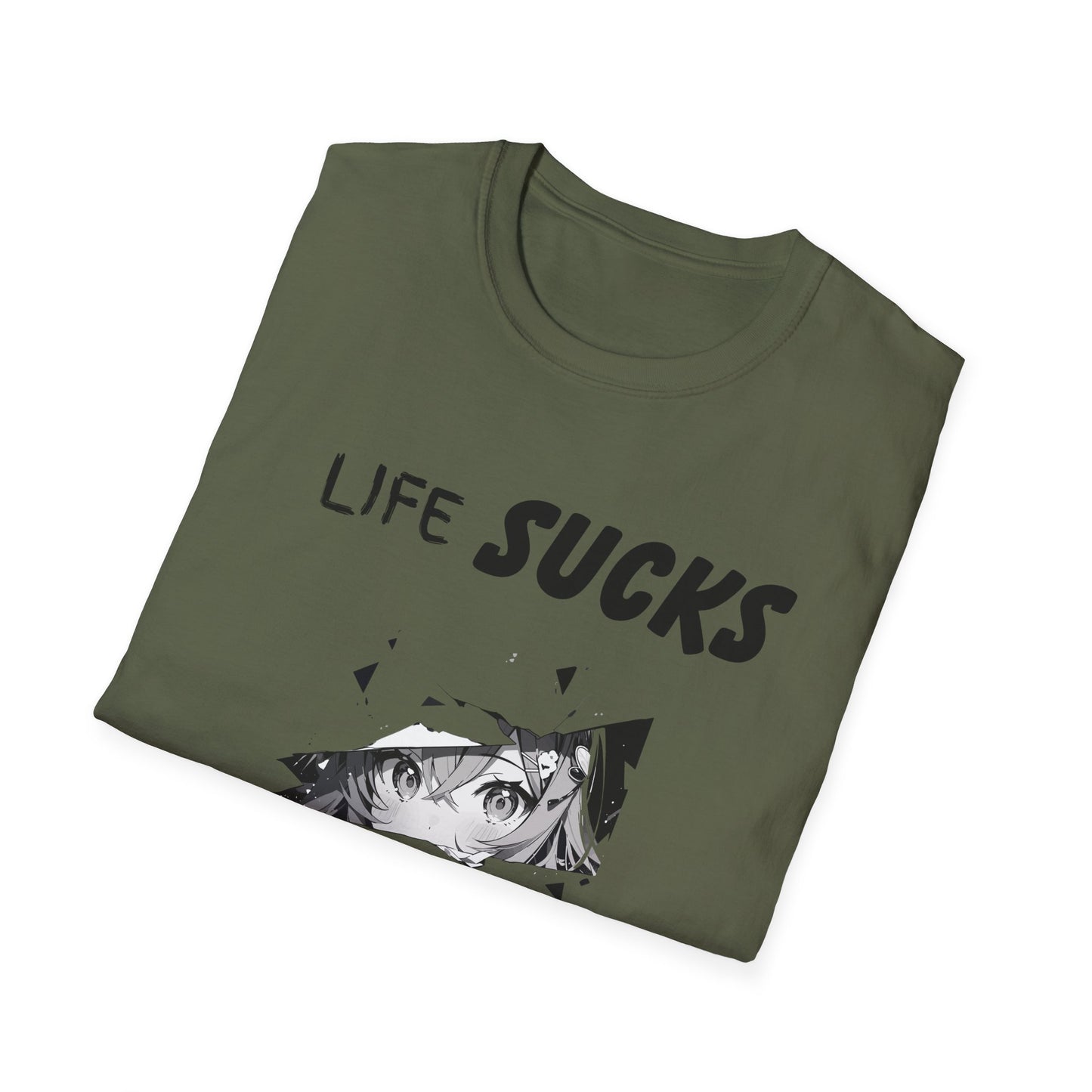 Life Sucks Anime Helps Unisex T-Shirt, Funny Life Difficulties Tee, Anime Lover Gift, Softstyle Shirt, Sarcastic Graphic Tee, Weeb Shirt