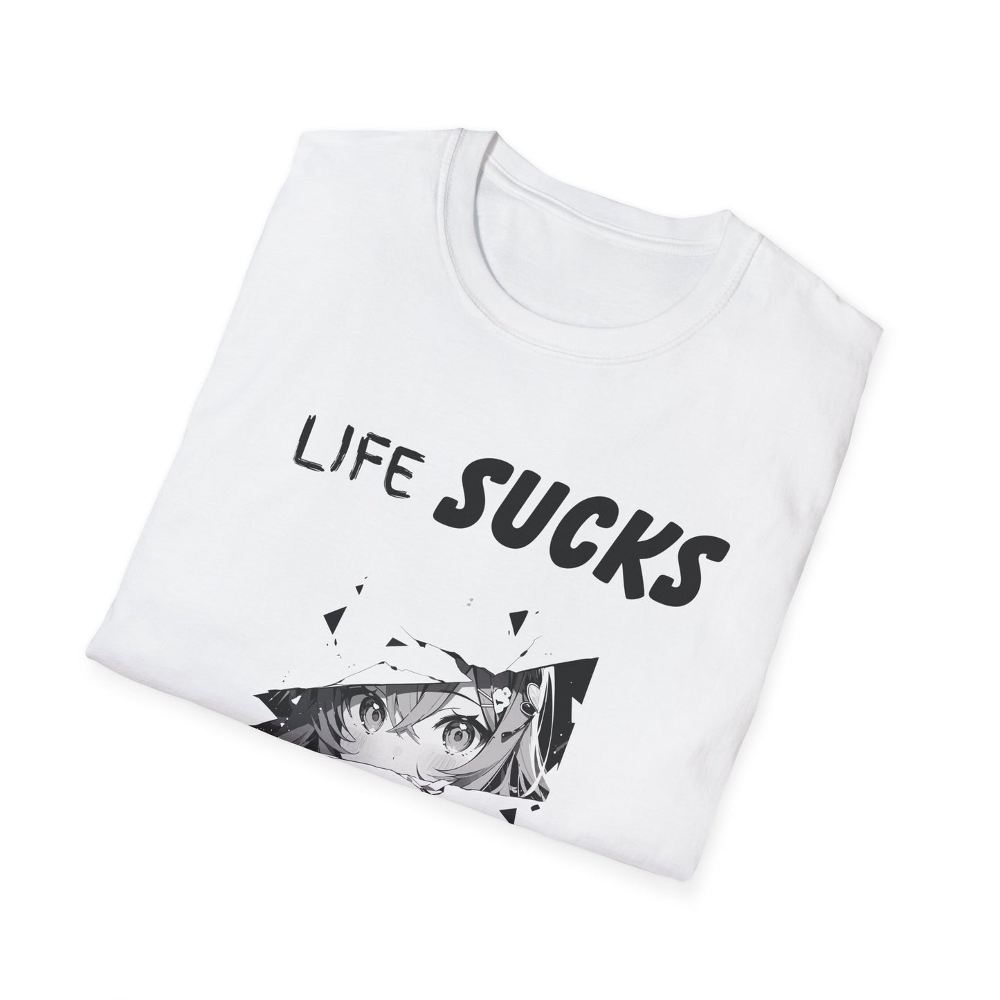 Life Sucks Anime Helps Unisex T-Shirt, Funny Life Difficulties Tee, Anime Lover Gift, Softstyle Shirt, Sarcastic Graphic Tee, Weeb Shirt