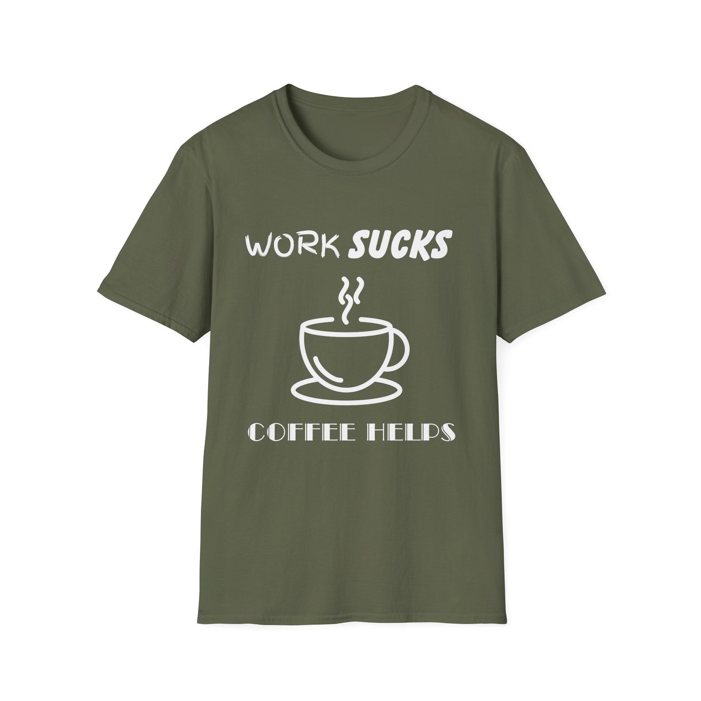 Work Sucks Coffee Helps Unisex Softstyle T-Shirt, Office Humor Tee, Funny Work Shirt, Sarcastic Coffee Lover Gift, Work from Home Outfit