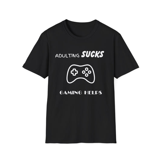 Adulting Sucks Gaming Helps Unisex Softstyle T-Shirt, Funny Tee, Video Game Lover Gift, Escape Reality Shirt, Gamer Apparel, Video Games