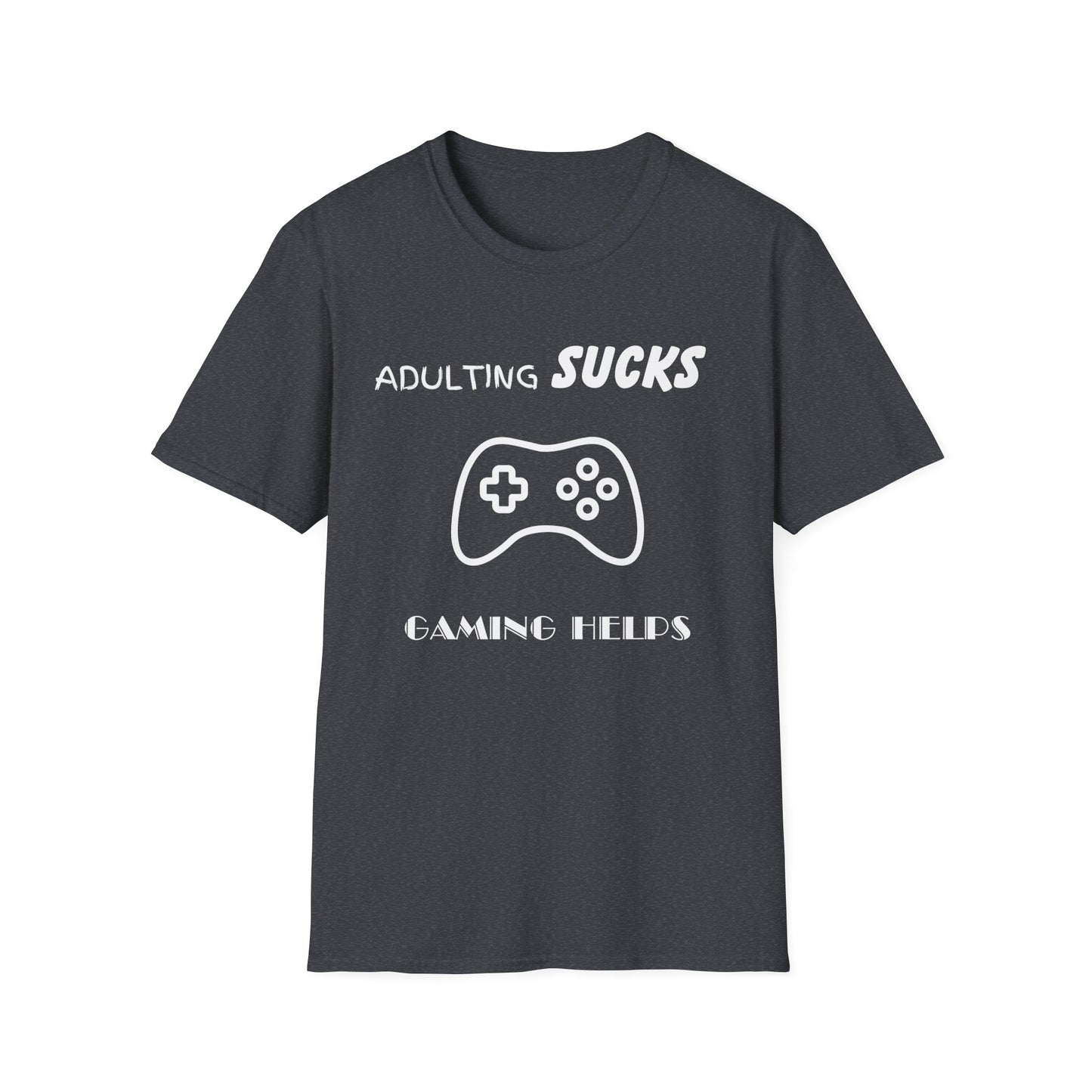 Adulting Sucks Gaming Helps Unisex Softstyle T-Shirt, Funny Tee, Video Game Lover Gift, Escape Reality Shirt, Gamer Apparel, Video Games