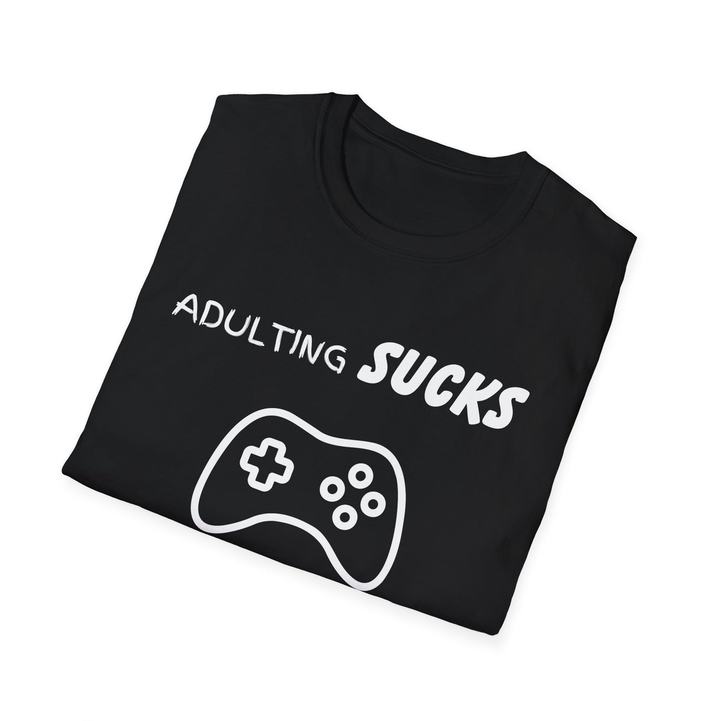 Adulting Sucks Gaming Helps Unisex Softstyle T-Shirt, Funny Tee, Video Game Lover Gift, Escape Reality Shirt, Gamer Apparel, Video Games