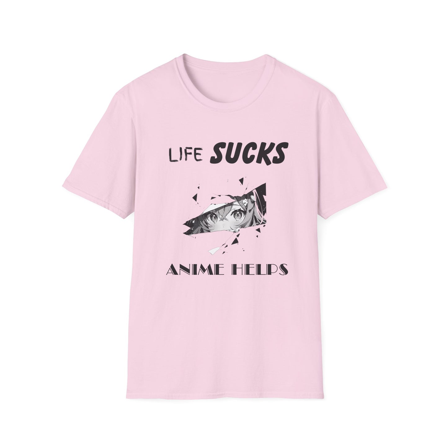 Life Sucks Anime Helps Unisex T-Shirt, Funny Life Difficulties Tee, Anime Lover Gift, Softstyle Shirt, Sarcastic Graphic Tee, Weeb Shirt