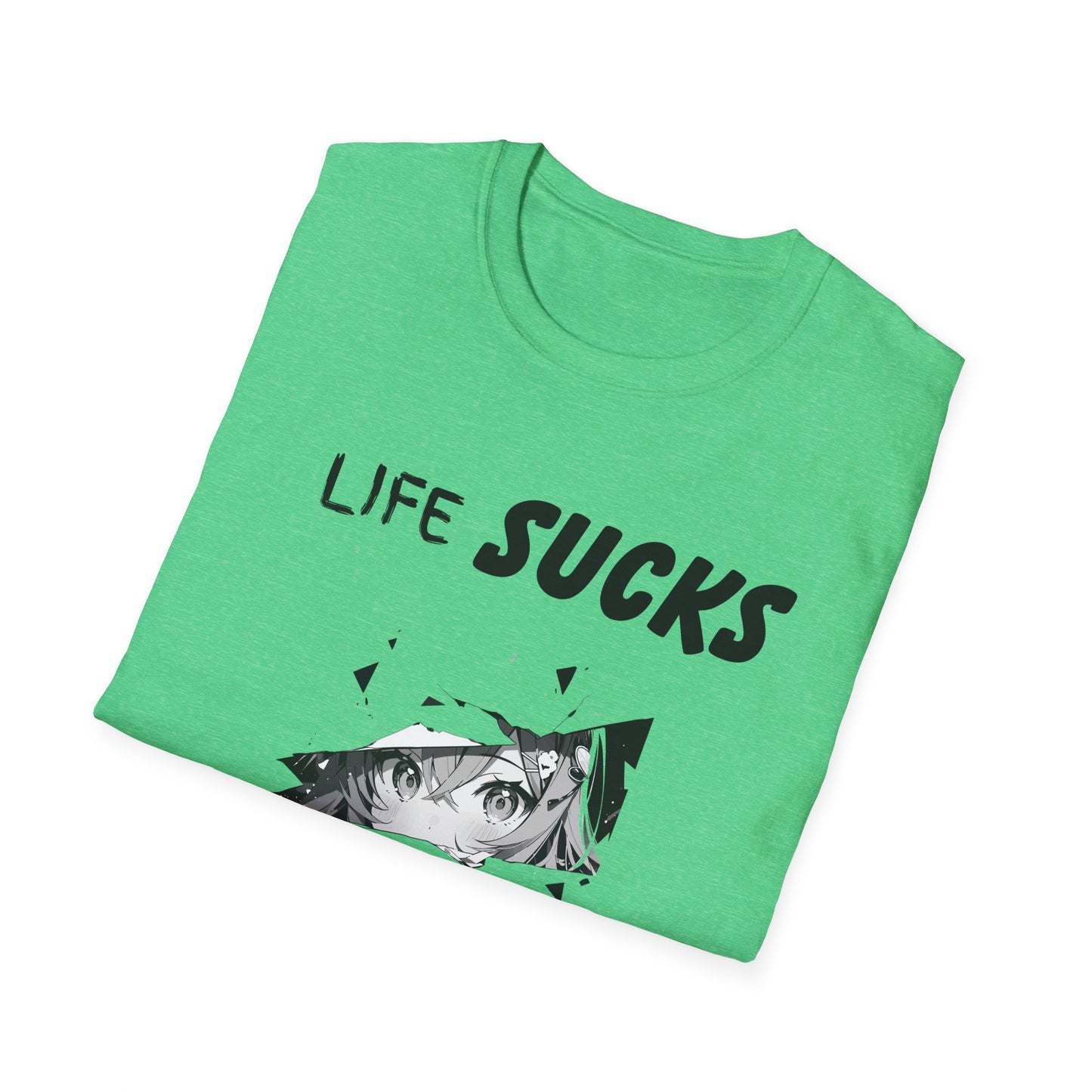 Life Sucks Anime Helps Unisex T-Shirt, Funny Life Difficulties Tee, Anime Lover Gift, Softstyle Shirt, Sarcastic Graphic Tee, Weeb Shirt