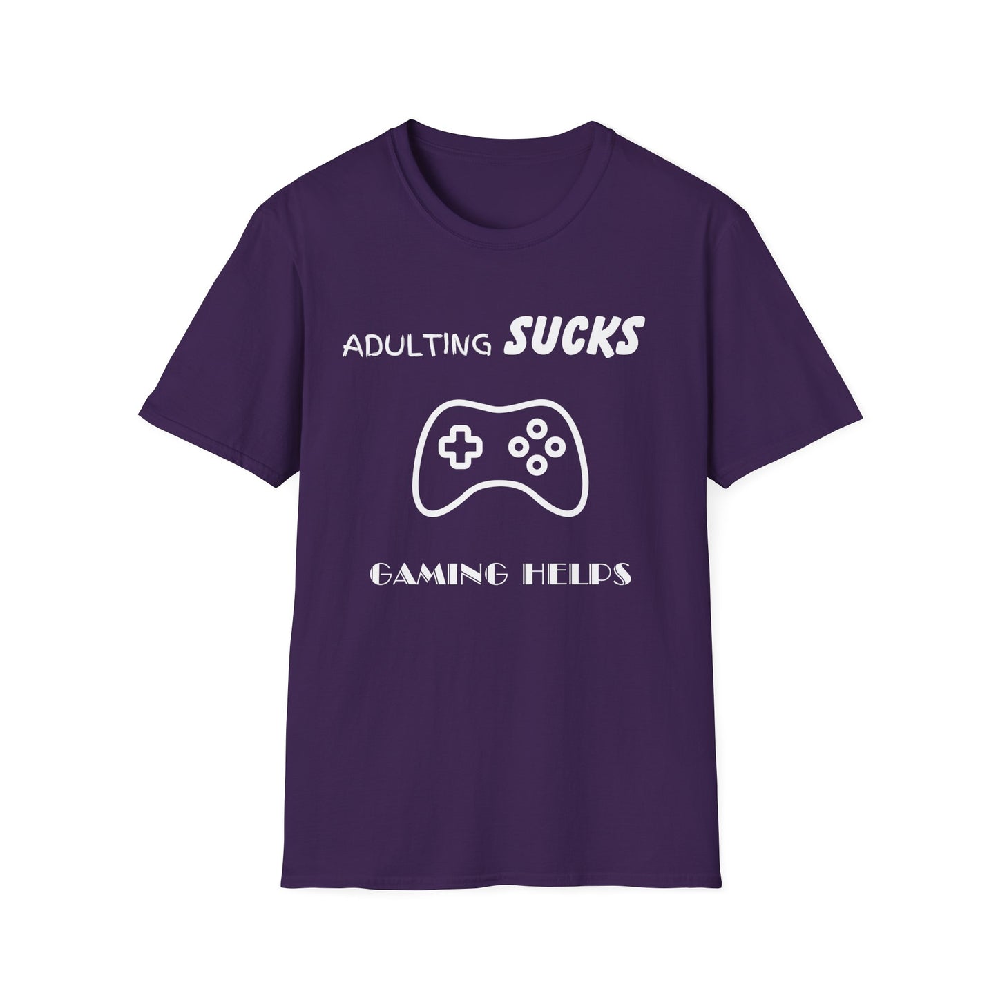 Adulting Sucks Gaming Helps Unisex Softstyle T-Shirt, Funny Tee, Video Game Lover Gift, Escape Reality Shirt, Gamer Apparel, Video Games
