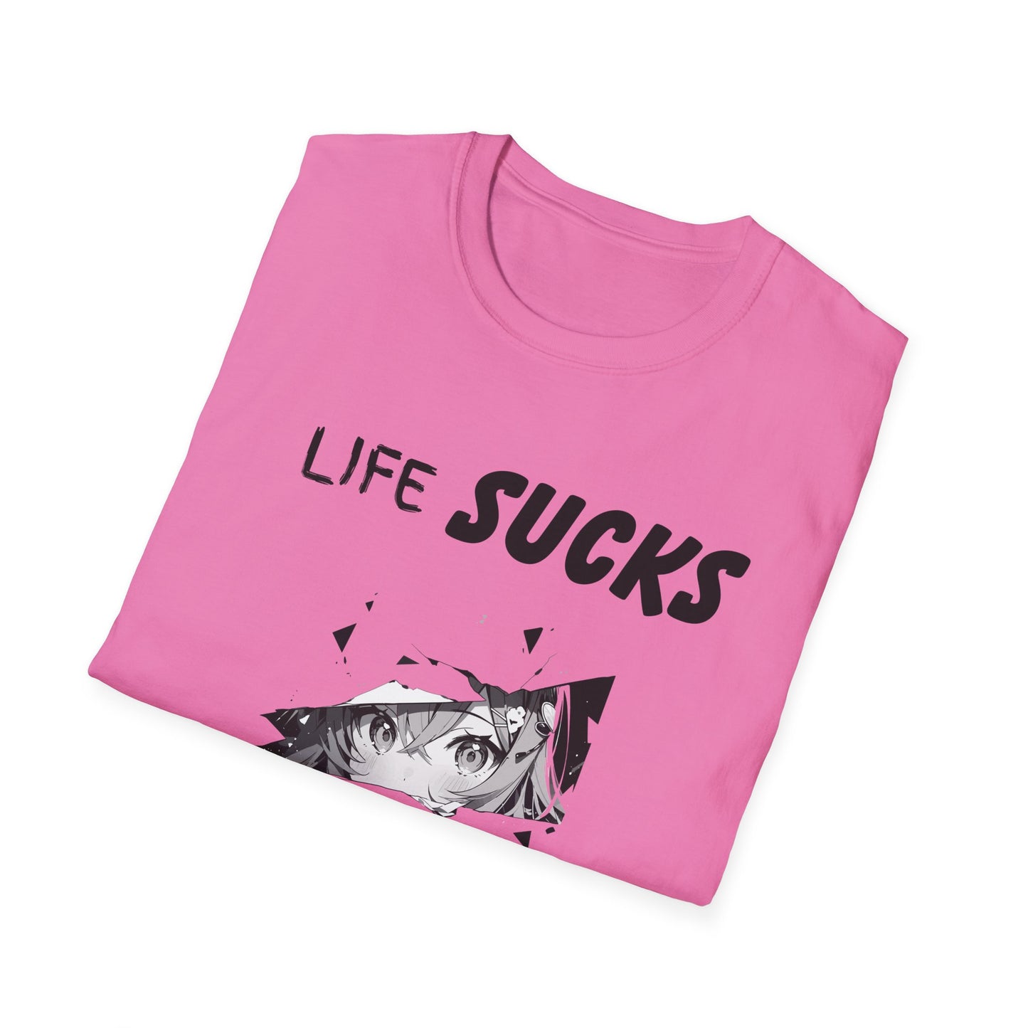 Life Sucks Anime Helps Unisex T-Shirt, Funny Life Difficulties Tee, Anime Lover Gift, Softstyle Shirt, Sarcastic Graphic Tee, Weeb Shirt