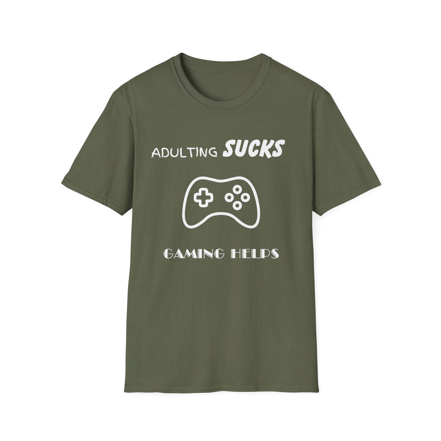 Adulting Sucks Gaming Helps Unisex Softstyle T-Shirt, Funny Tee, Video Game Lover Gift, Escape Reality Shirt, Gamer Apparel, Video Games