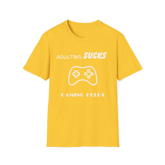 Adulting Sucks Gaming Helps Unisex Softstyle T-Shirt, Funny Tee, Video Game Lover Gift, Escape Reality Shirt, Gamer Apparel, Video Games