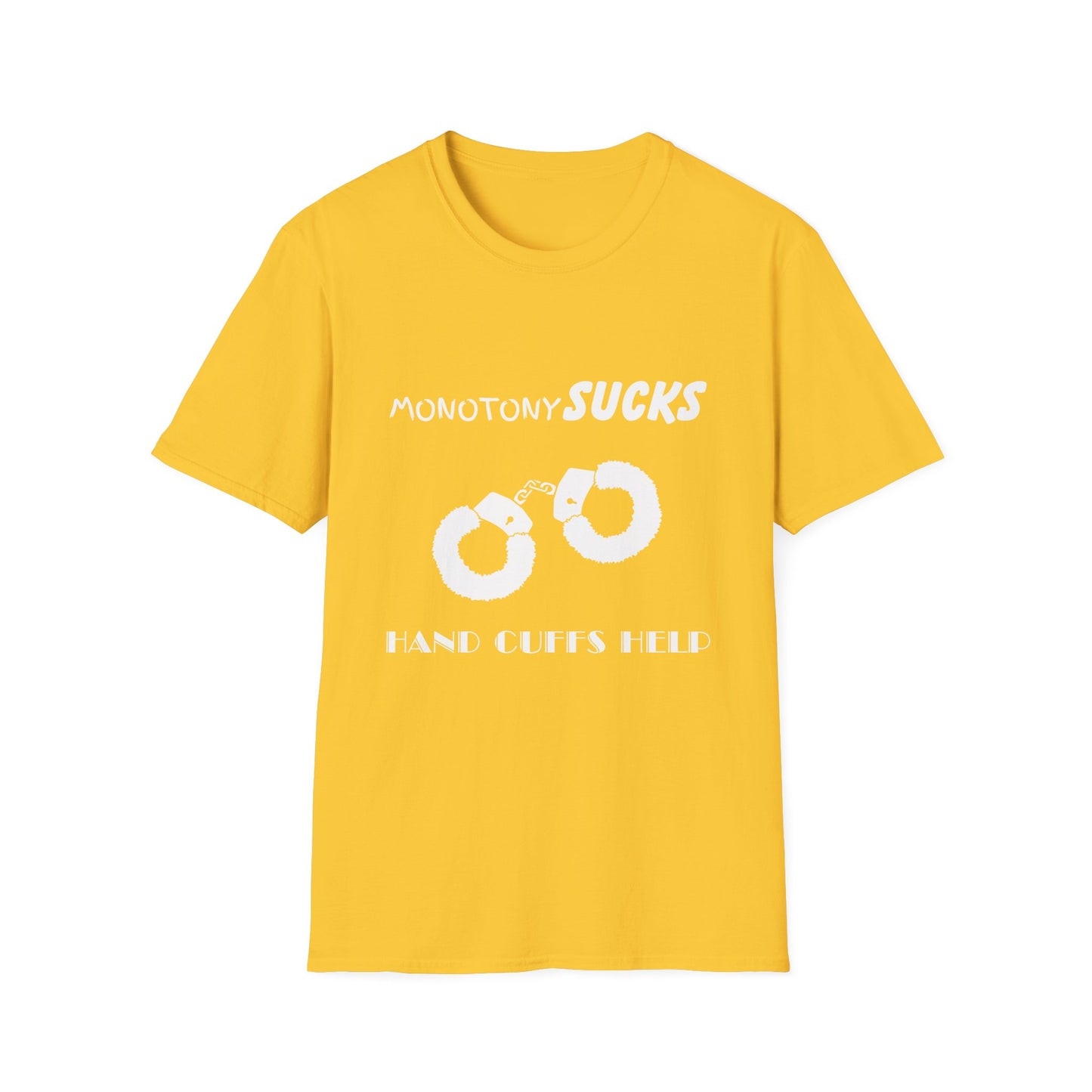 Monotony Sucks Hand Cuffs Help Unisex T-Shirt, Couples Tee, Relationship Humor Shirt, Novelty Gift Shirt, Inappropriate Humor, Adult Humor