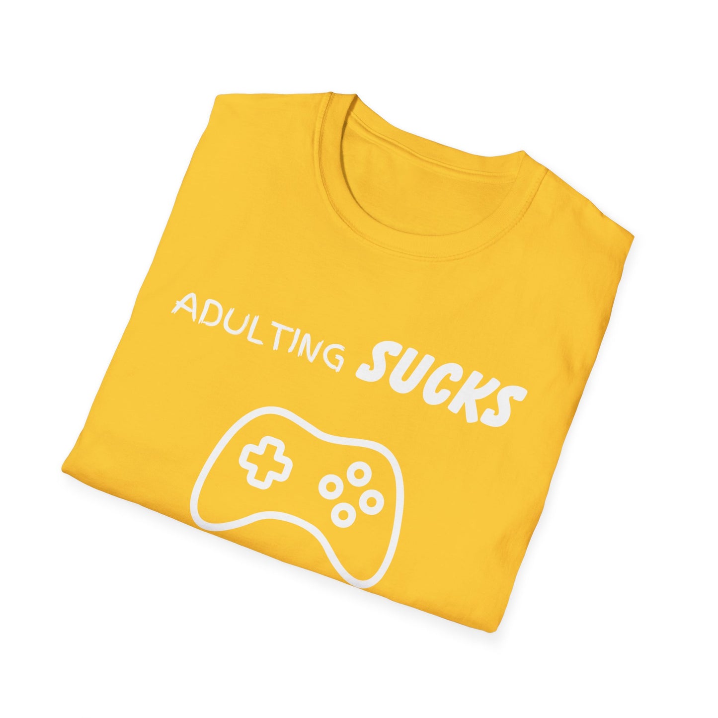 Adulting Sucks Gaming Helps Unisex Softstyle T-Shirt, Funny Tee, Video Game Lover Gift, Escape Reality Shirt, Gamer Apparel, Video Games