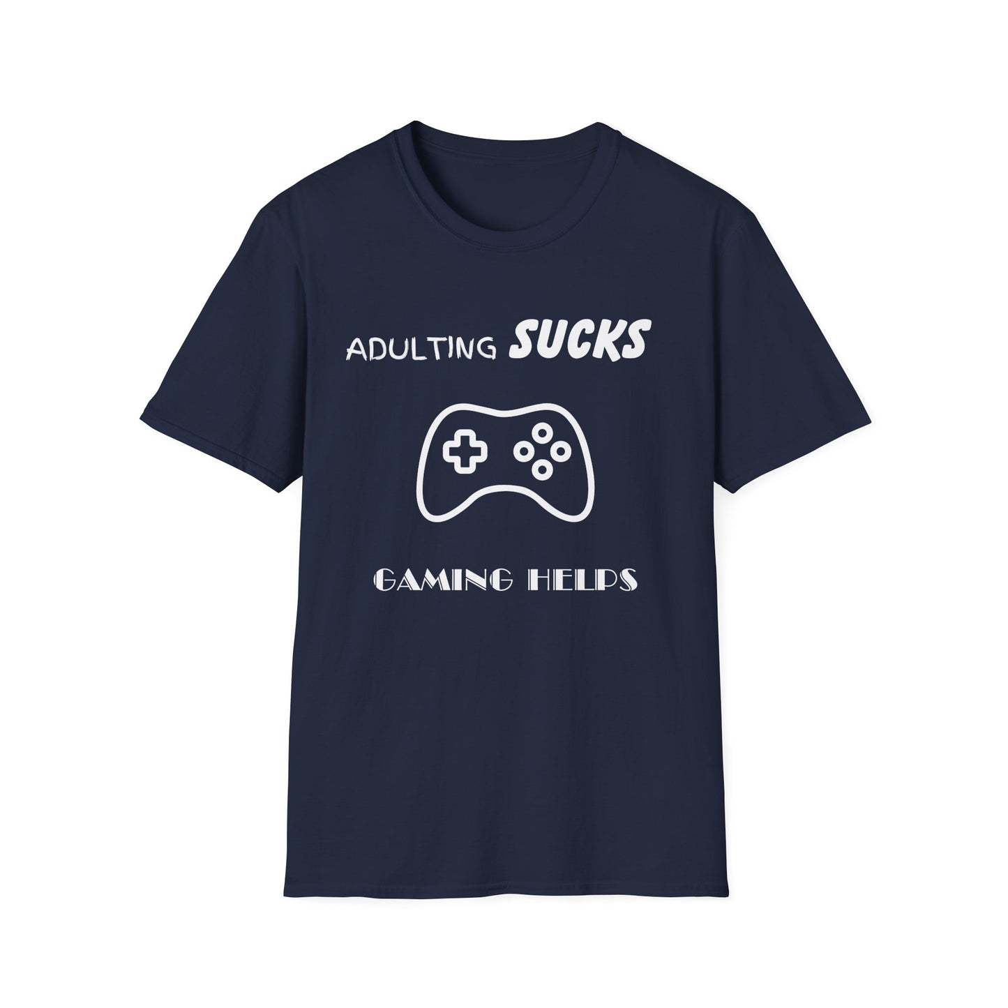 Adulting Sucks Gaming Helps Unisex Softstyle T-Shirt, Funny Tee, Video Game Lover Gift, Escape Reality Shirt, Gamer Apparel, Video Games