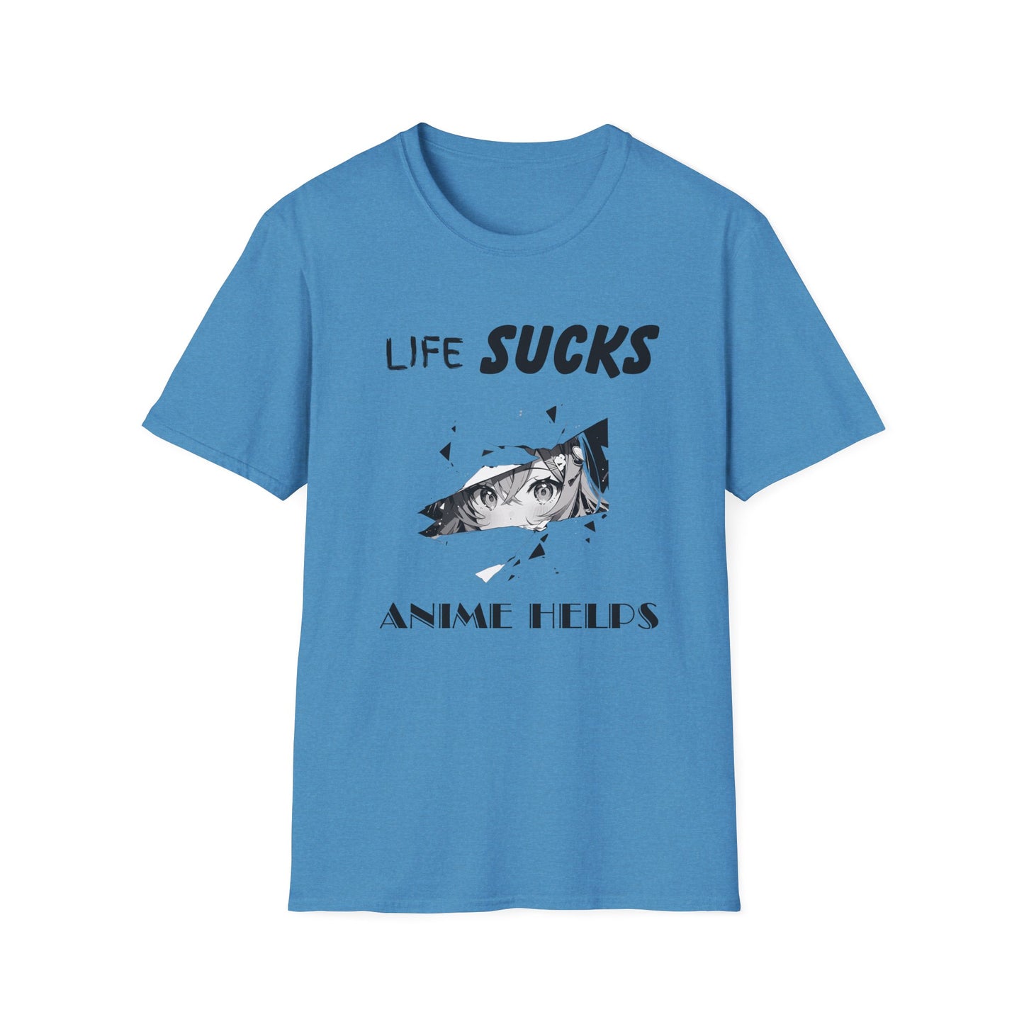 Life Sucks Anime Helps Unisex T-Shirt, Funny Life Difficulties Tee, Anime Lover Gift, Softstyle Shirt, Sarcastic Graphic Tee, Weeb Shirt
