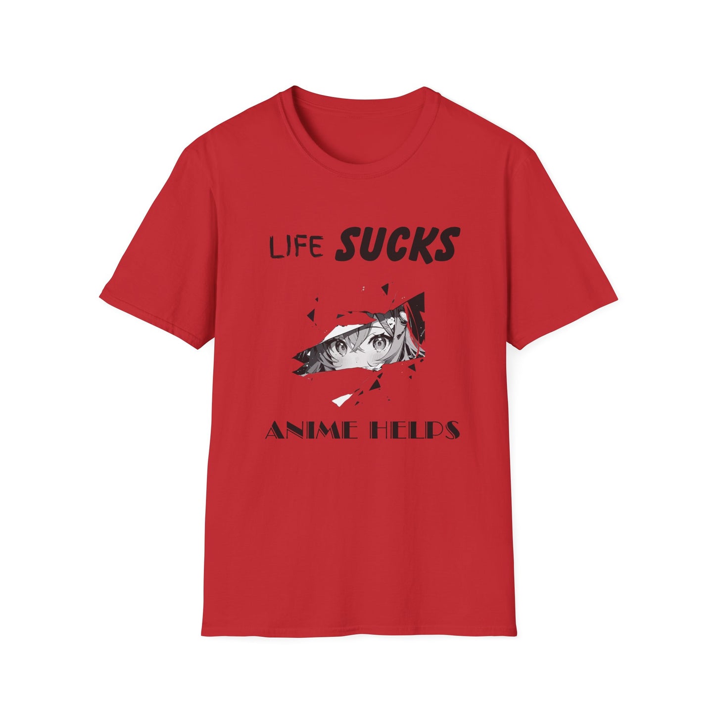 Life Sucks Anime Helps Unisex T-Shirt, Funny Life Difficulties Tee, Anime Lover Gift, Softstyle Shirt, Sarcastic Graphic Tee, Weeb Shirt