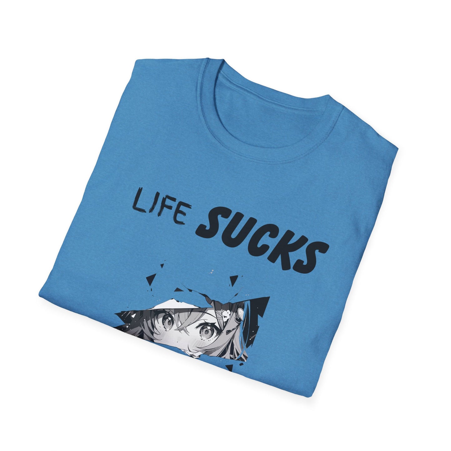 Life Sucks Anime Helps Unisex T-Shirt, Funny Life Difficulties Tee, Anime Lover Gift, Softstyle Shirt, Sarcastic Graphic Tee, Weeb Shirt