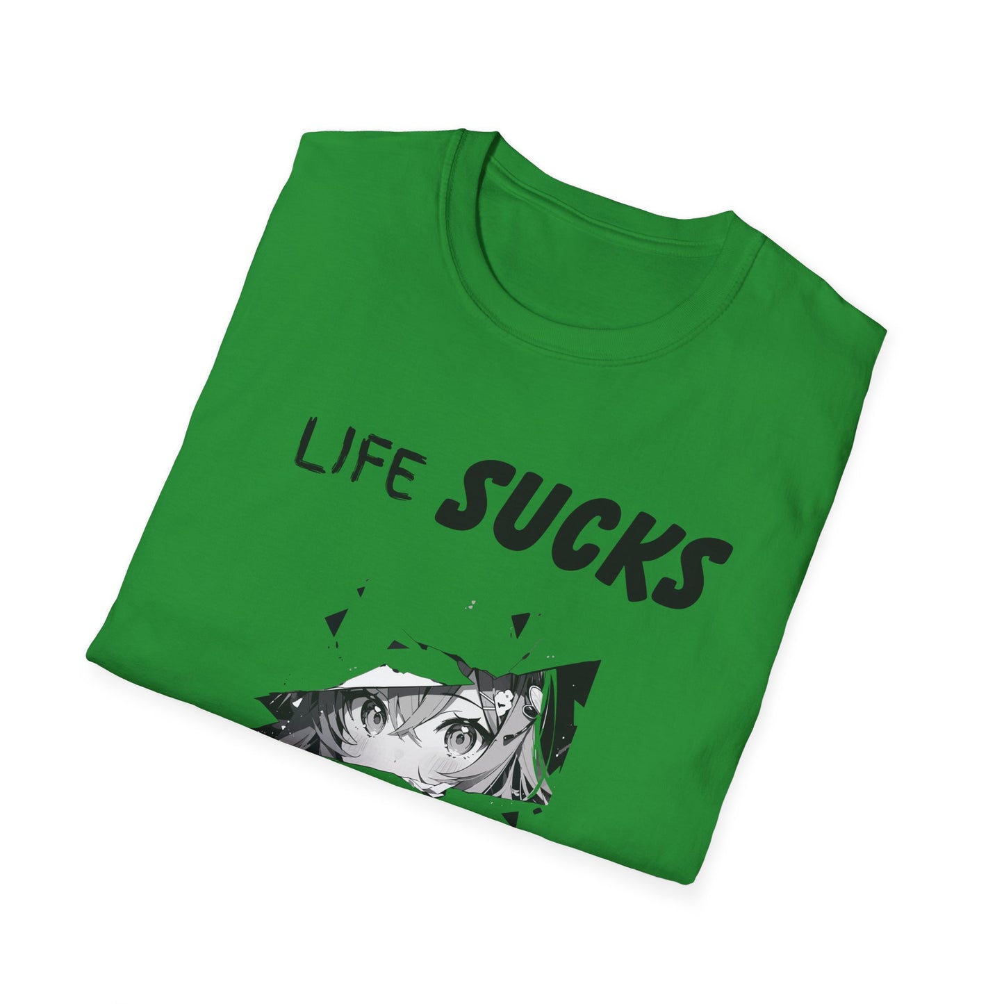 Life Sucks Anime Helps Unisex T-Shirt, Funny Life Difficulties Tee, Anime Lover Gift, Softstyle Shirt, Sarcastic Graphic Tee, Weeb Shirt