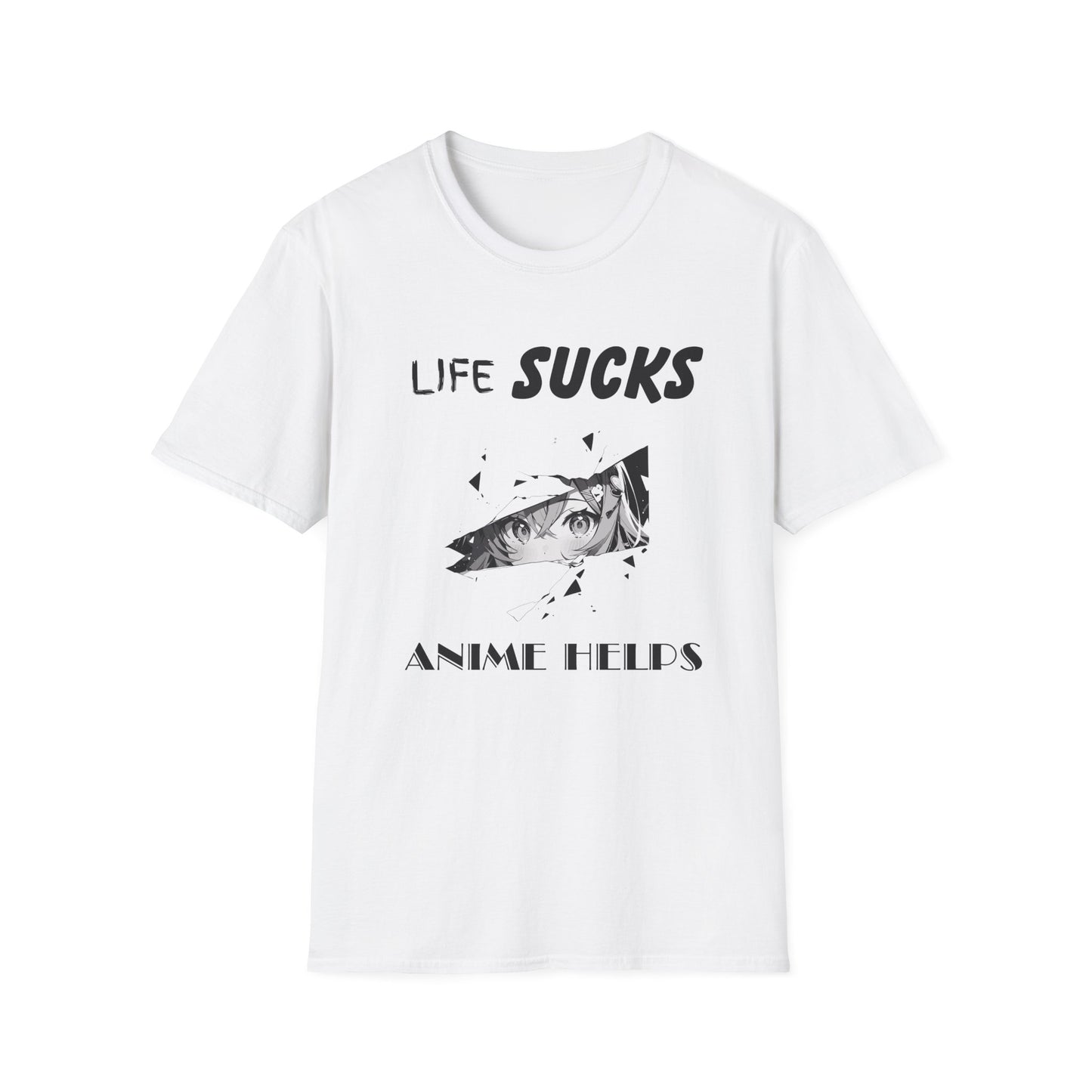 Life Sucks Anime Helps Unisex T-Shirt, Funny Life Difficulties Tee, Anime Lover Gift, Softstyle Shirt, Sarcastic Graphic Tee, Weeb Shirt