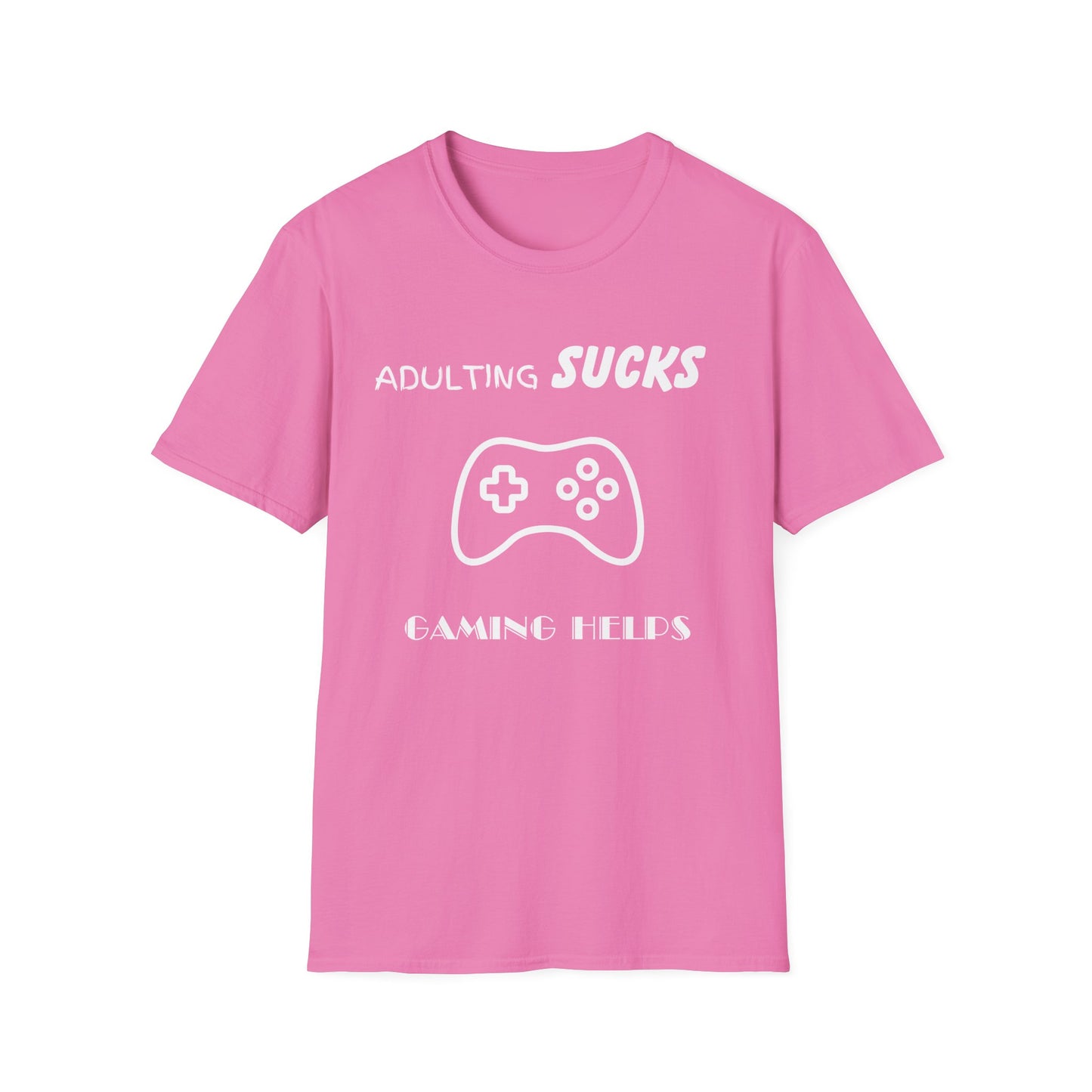 Adulting Sucks Gaming Helps Unisex Softstyle T-Shirt, Funny Tee, Video Game Lover Gift, Escape Reality Shirt, Gamer Apparel, Video Games