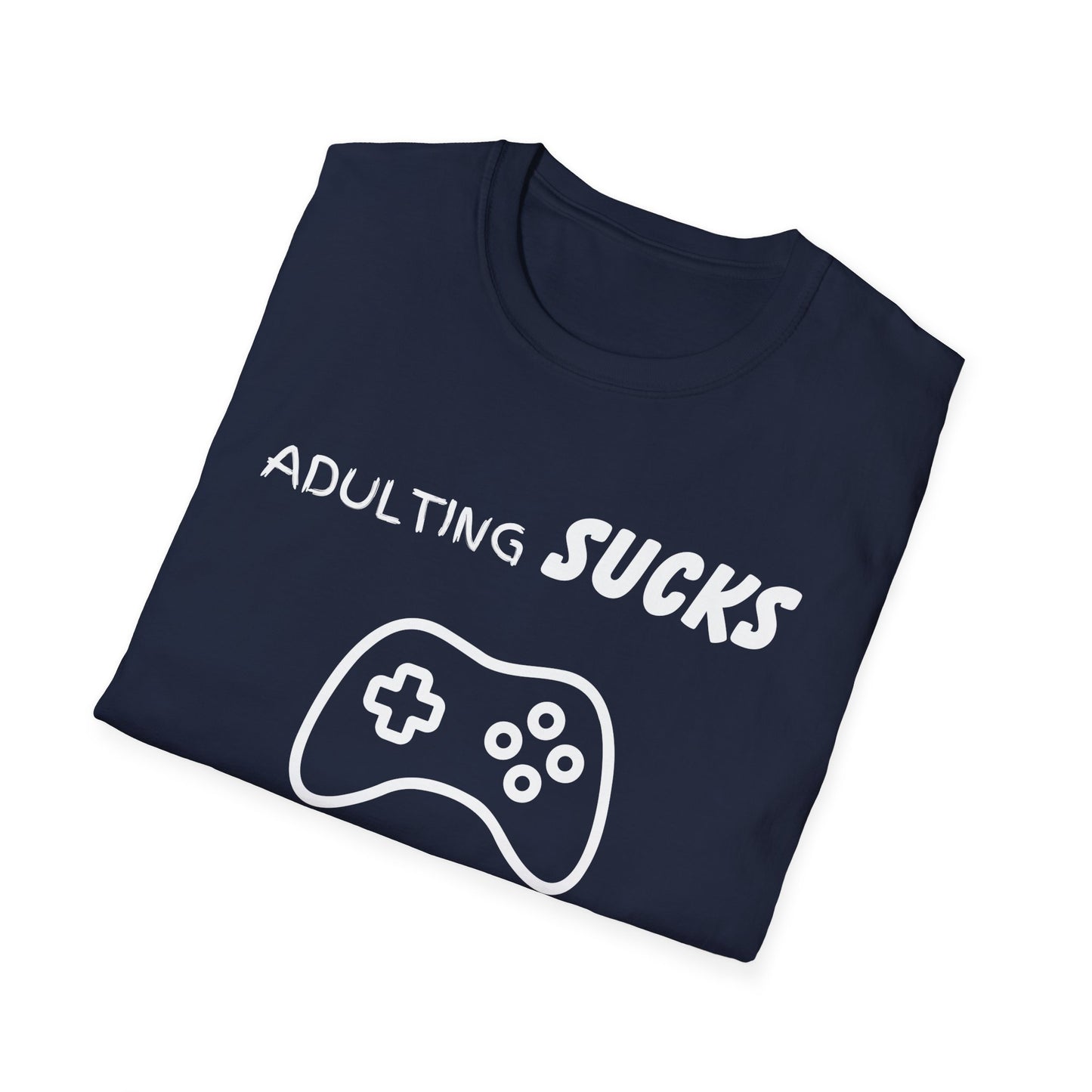 Adulting Sucks Gaming Helps Unisex Softstyle T-Shirt, Funny Tee, Video Game Lover Gift, Escape Reality Shirt, Gamer Apparel, Video Games