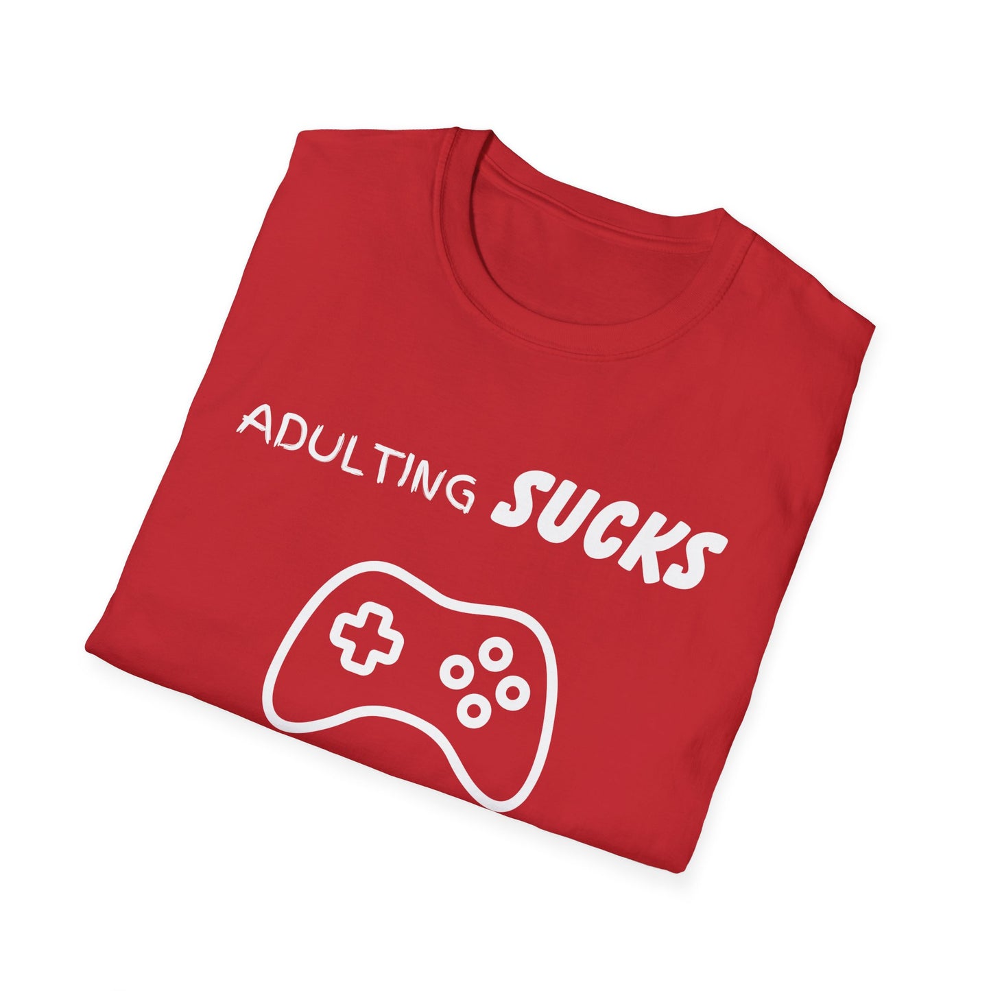 Adulting Sucks Gaming Helps Unisex Softstyle T-Shirt, Funny Tee, Video Game Lover Gift, Escape Reality Shirt, Gamer Apparel, Video Games