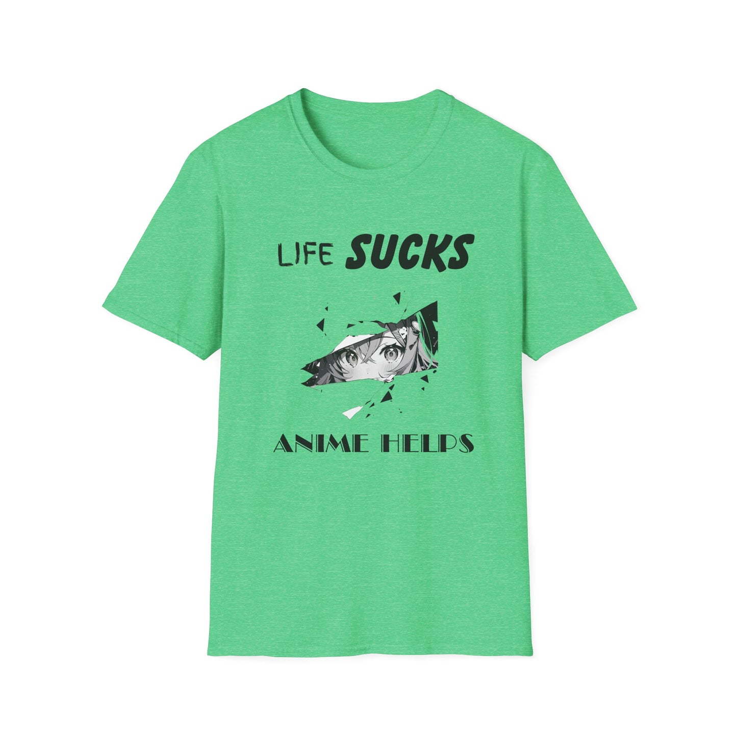 Life Sucks Anime Helps Unisex T-Shirt, Funny Life Difficulties Tee, Anime Lover Gift, Softstyle Shirt, Sarcastic Graphic Tee, Weeb Shirt