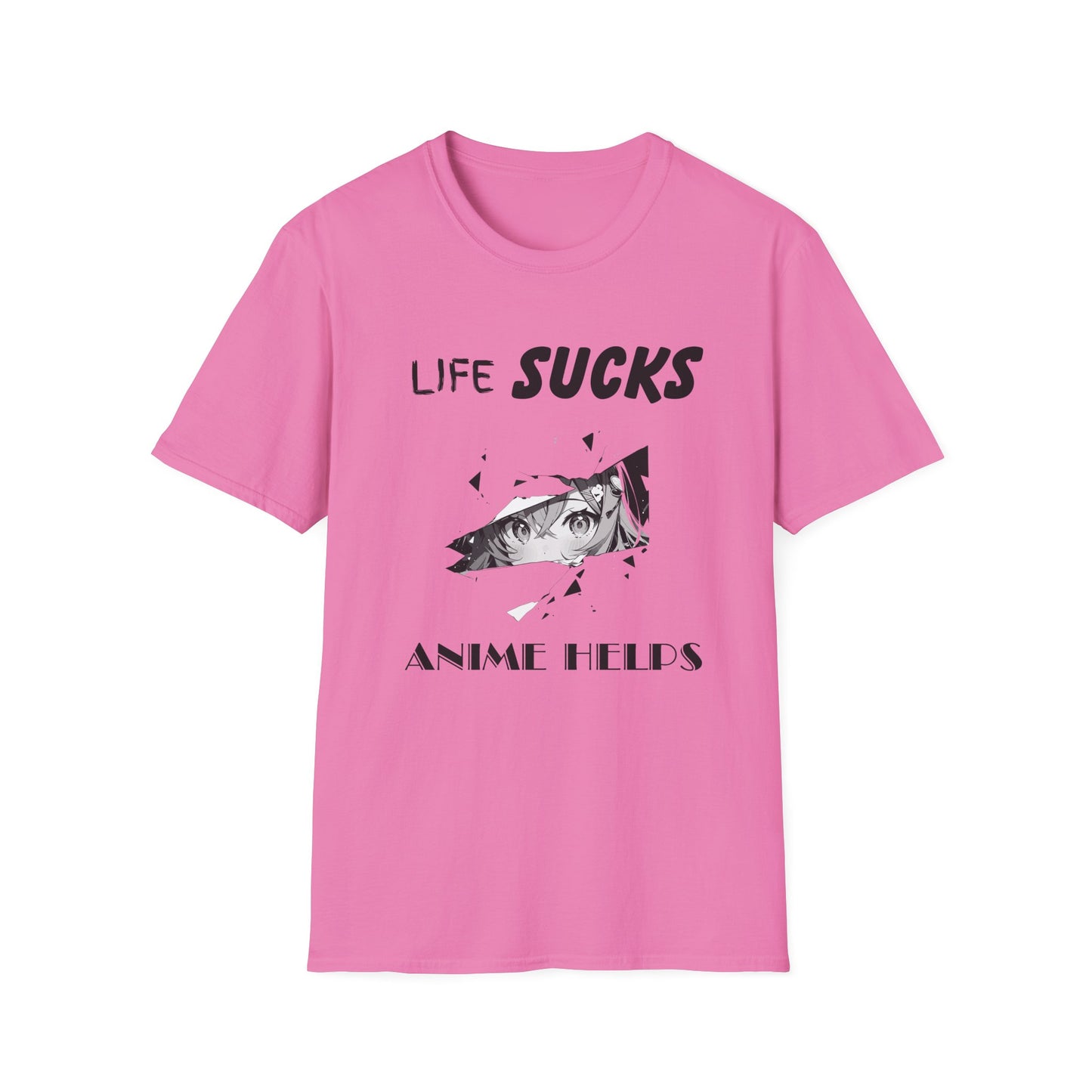 Life Sucks Anime Helps Unisex T-Shirt, Funny Life Difficulties Tee, Anime Lover Gift, Softstyle Shirt, Sarcastic Graphic Tee, Weeb Shirt