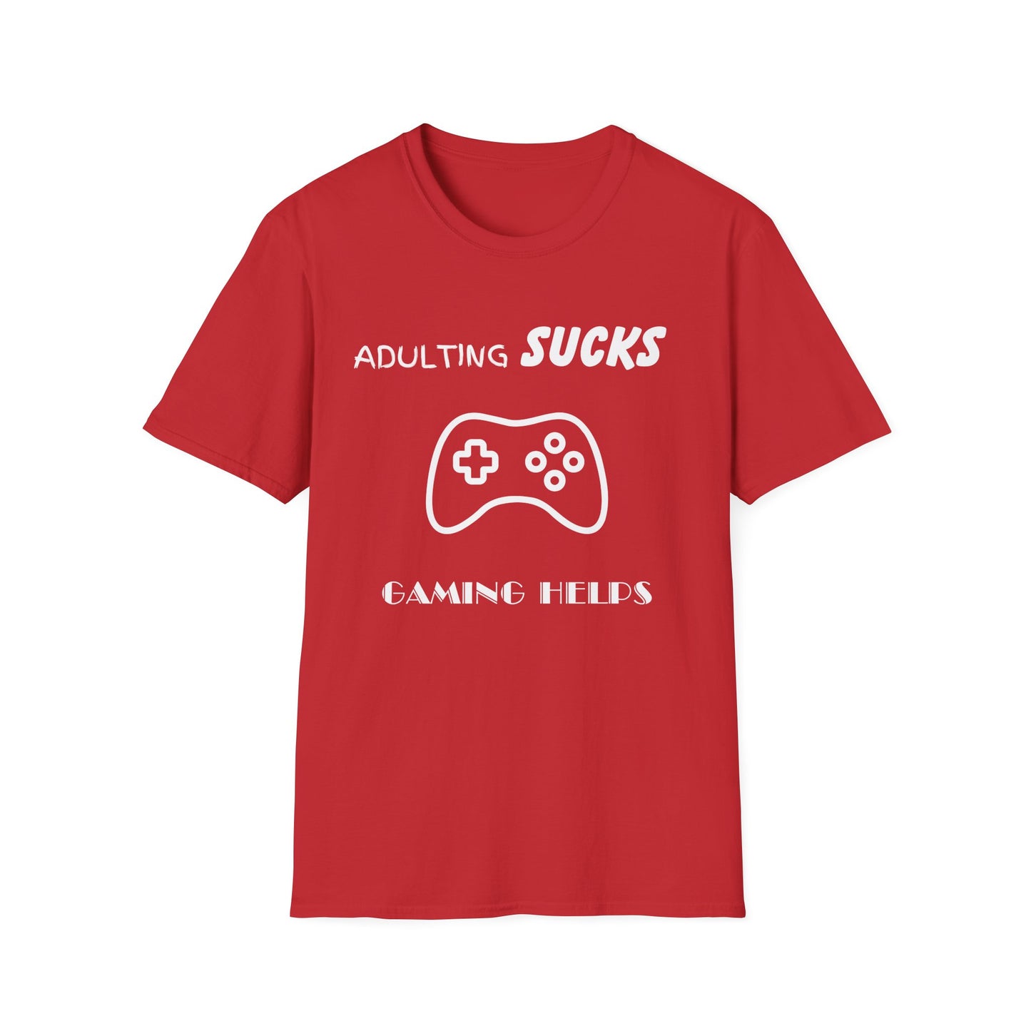Adulting Sucks Gaming Helps Unisex Softstyle T-Shirt, Funny Tee, Video Game Lover Gift, Escape Reality Shirt, Gamer Apparel, Video Games