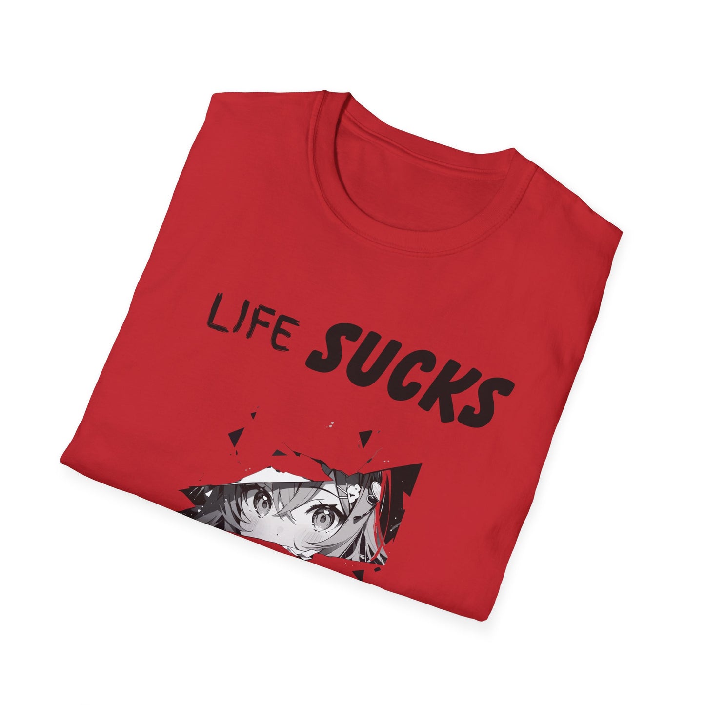 Life Sucks Anime Helps Unisex T-Shirt, Funny Life Difficulties Tee, Anime Lover Gift, Softstyle Shirt, Sarcastic Graphic Tee, Weeb Shirt